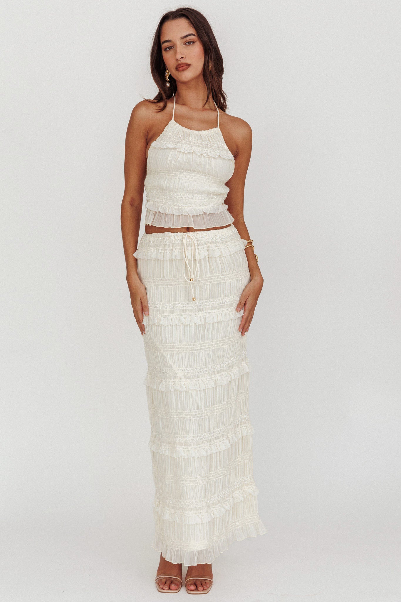 Helios Halterneck Shirred Sequin Top Beige by Selfie Leslie