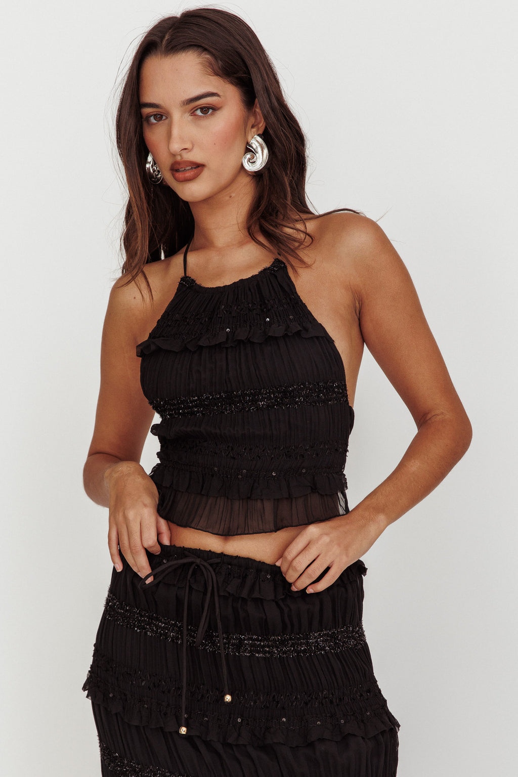 Helios Halterneck Shirred Sequin Top Black by Selfie Leslie