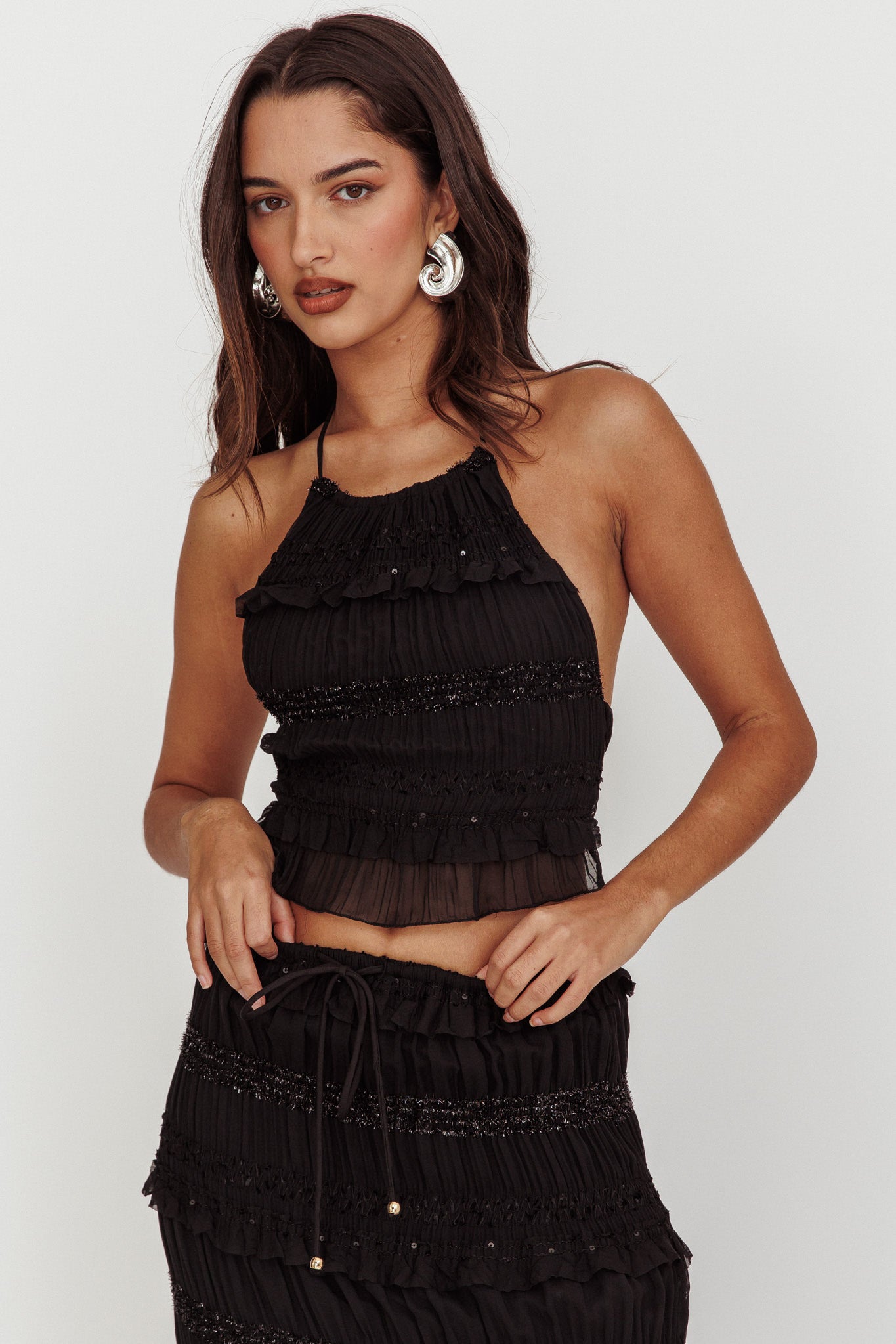 Helios Halterneck Shirred Sequin Top Black by Selfie Leslie