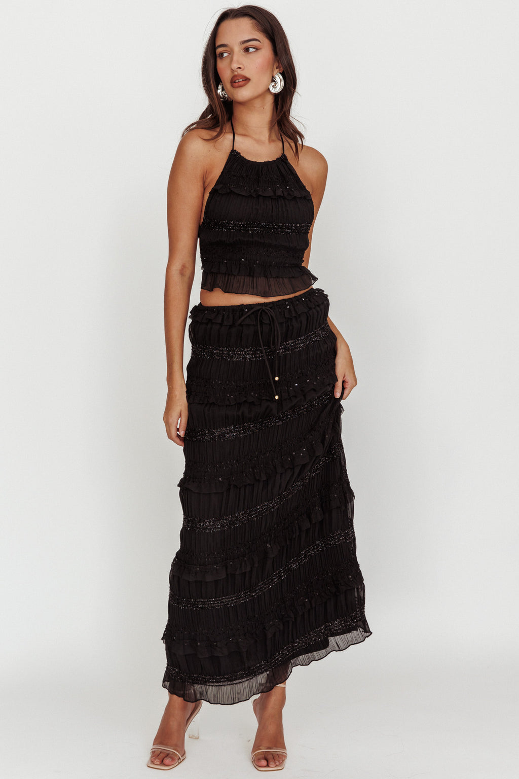 Helios Halterneck Shirred Sequin Top Black by Selfie Leslie
