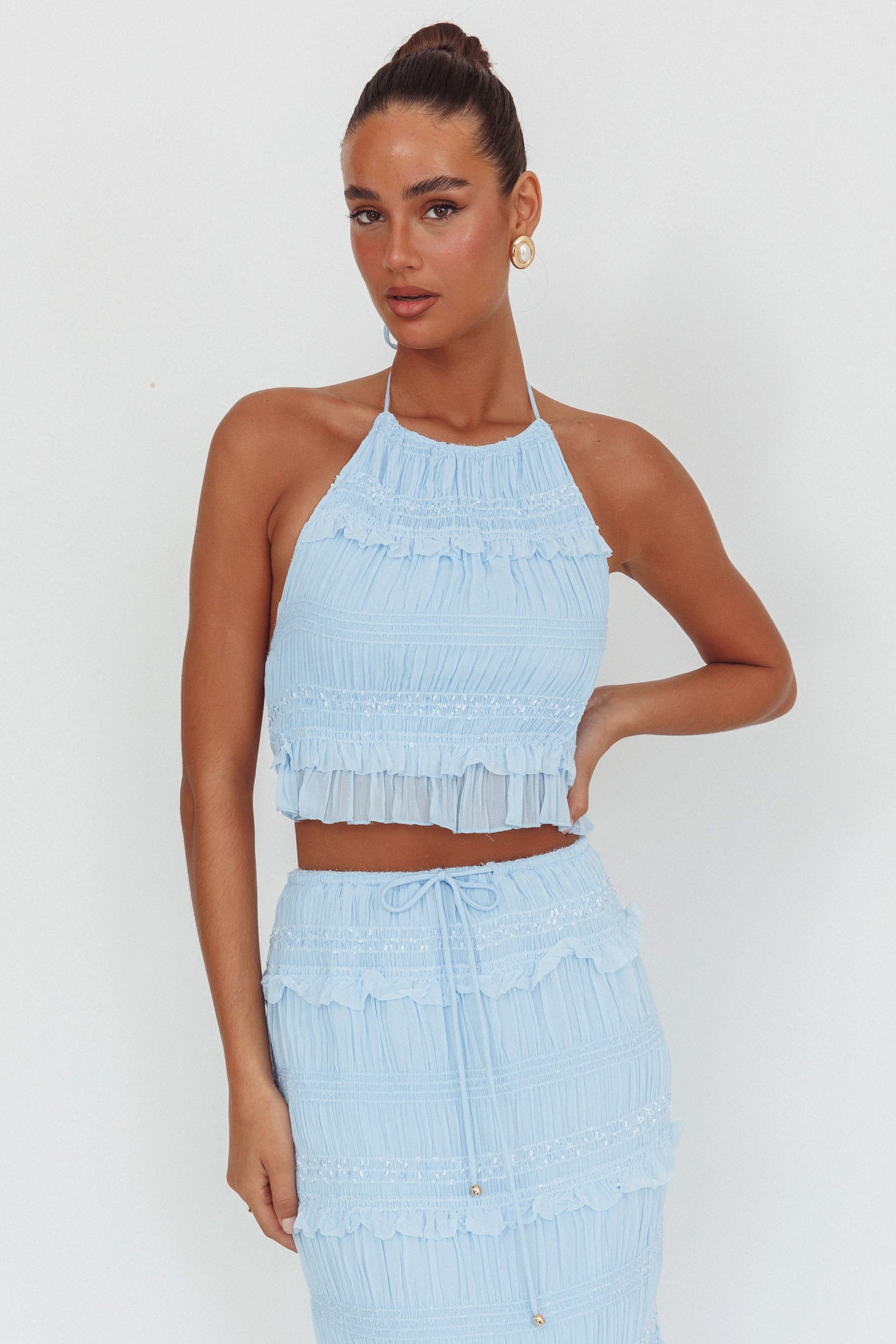 Helios Halterneck Shirred Sequin Top Blue by Selfie Leslie