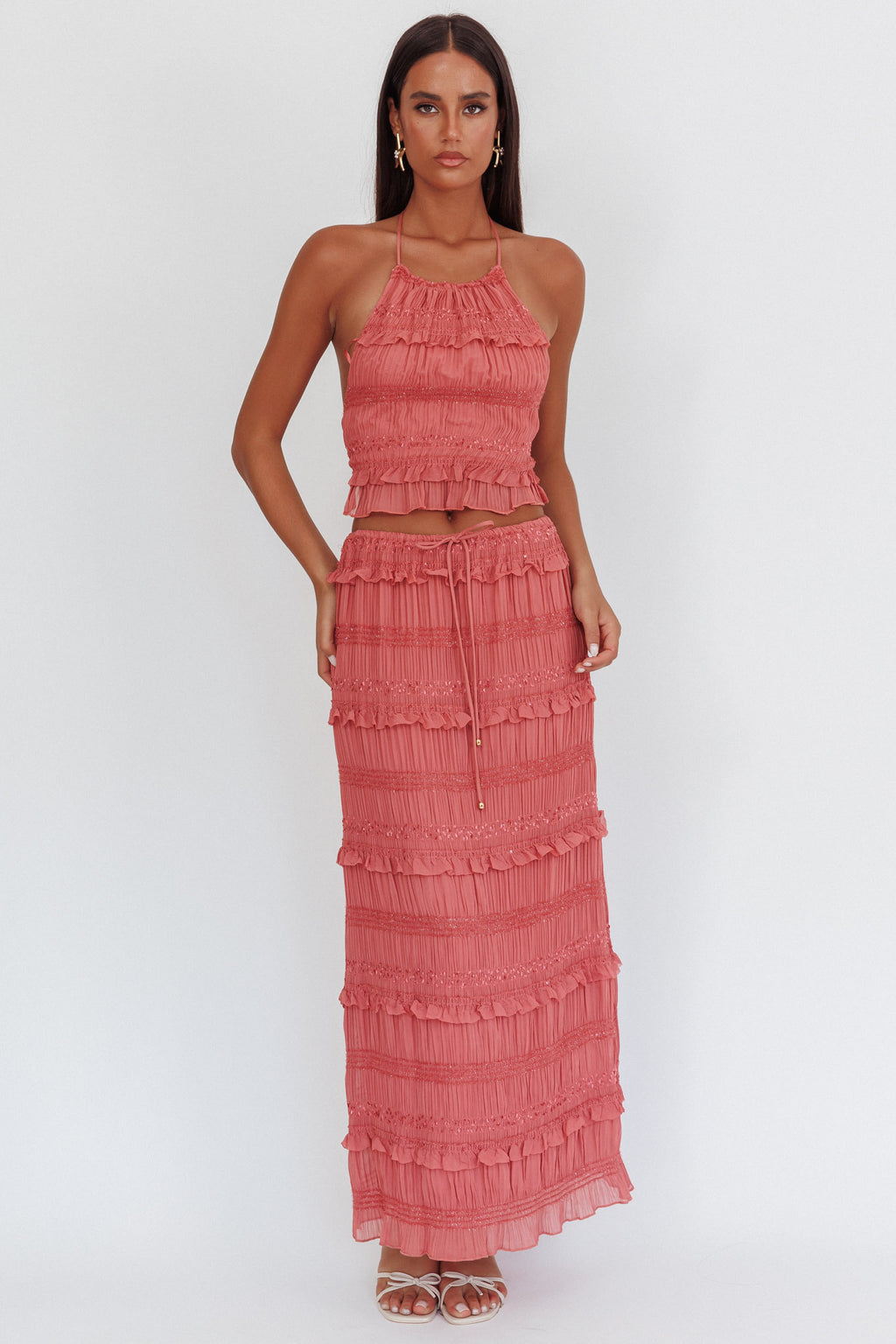 Helios Halterneck Shirred Sequin Top Rose by Selfie Leslie
