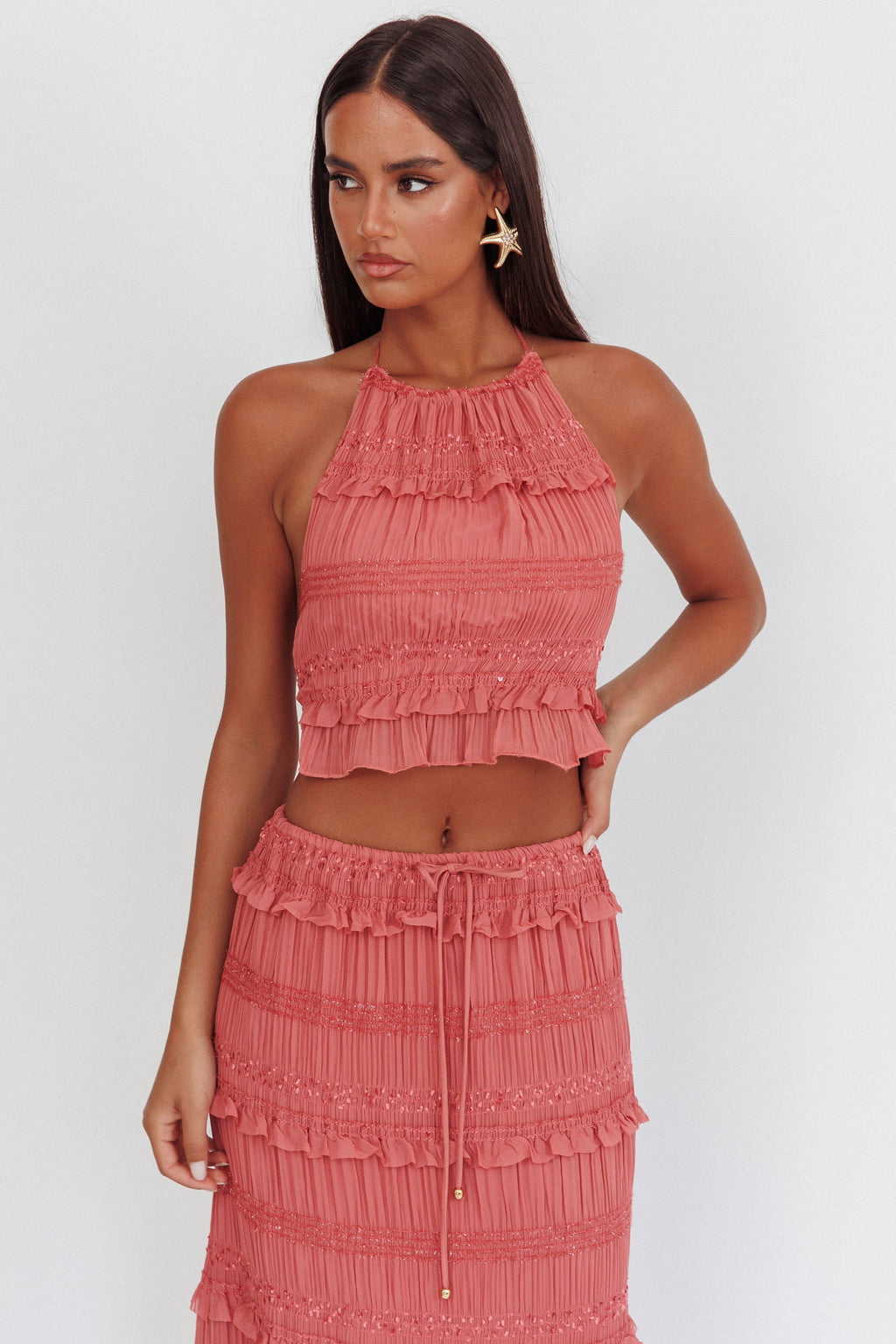 Helios Halterneck Shirred Sequin Top Rose by Selfie Leslie