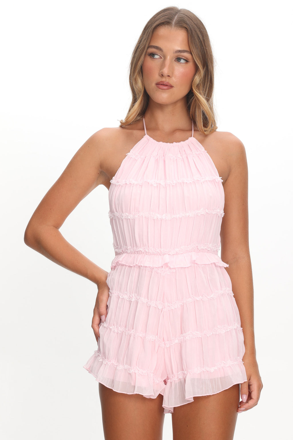 Hannita Smocked Halter Romper Pink by Selfie Leslie