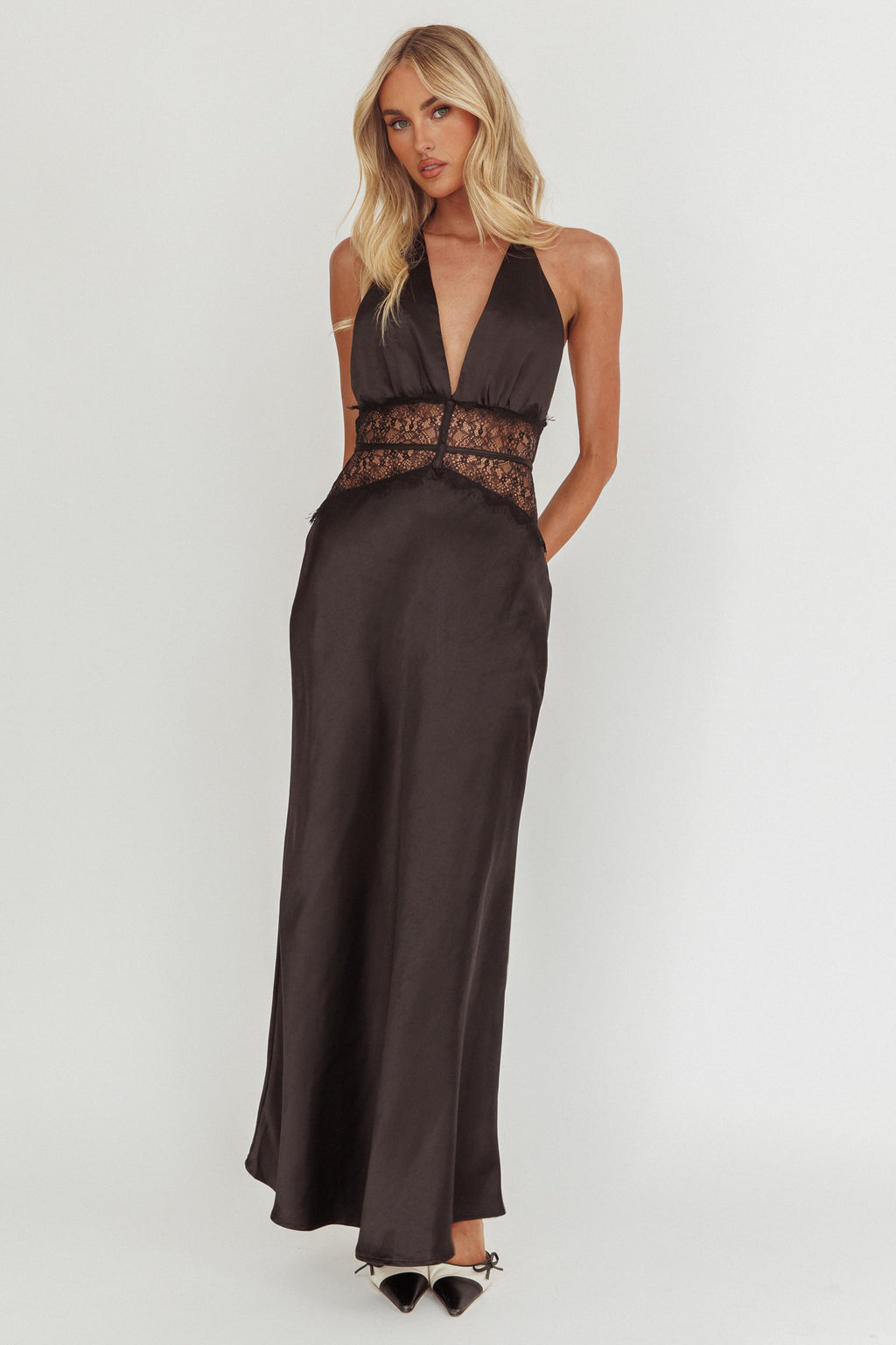 Tarly Lace Waist Halter Maxi Dress Black by Selfie Leslie