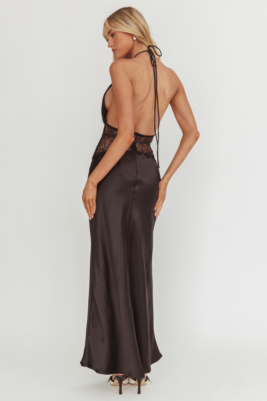 Tarly Lace Waist Halter Maxi Dress Black by Selfie Leslie