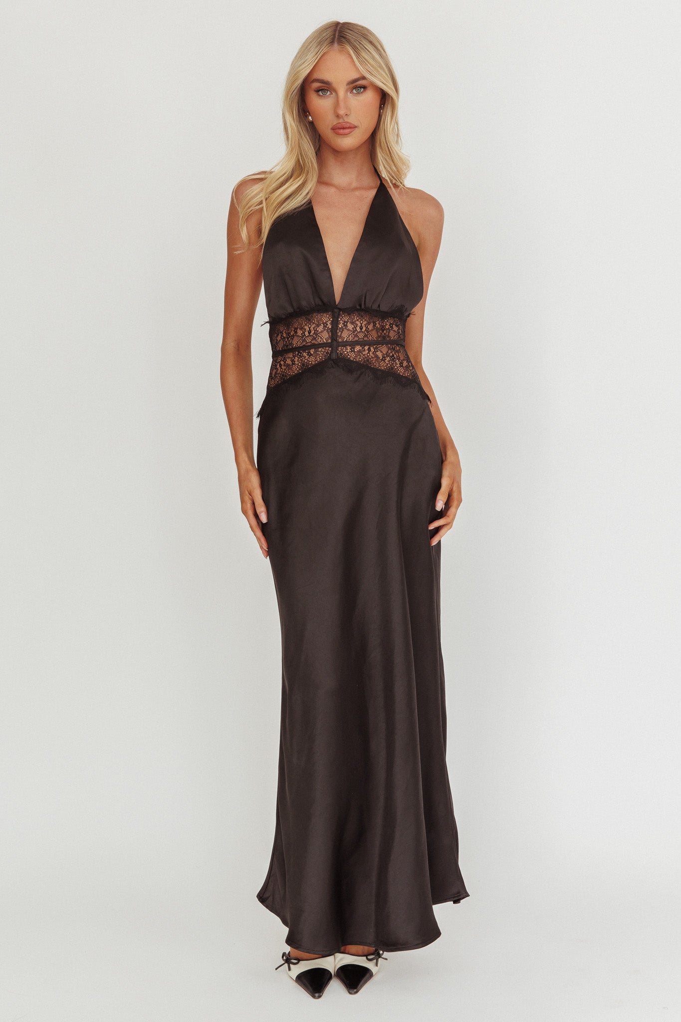 Tarly Lace Waist Halter Maxi Dress Black by Selfie Leslie