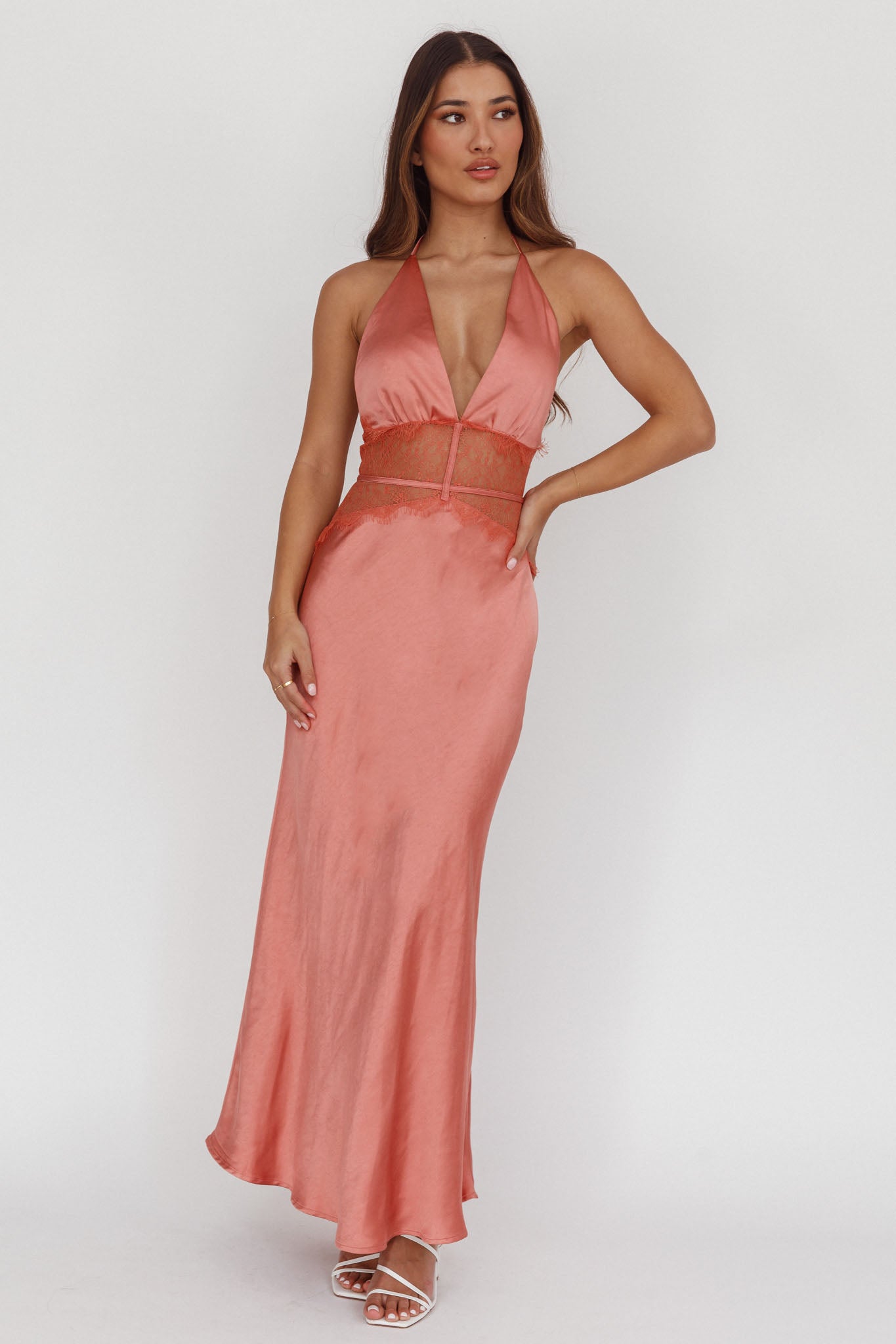 Tarly Lace Waist Halter Maxi Dress Rose by Selfie Leslie