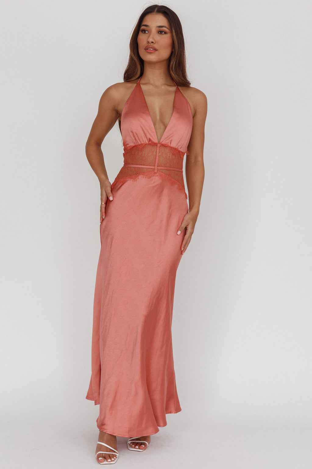 Tarly Lace Waist Halter Maxi Dress Rose by Selfie Leslie