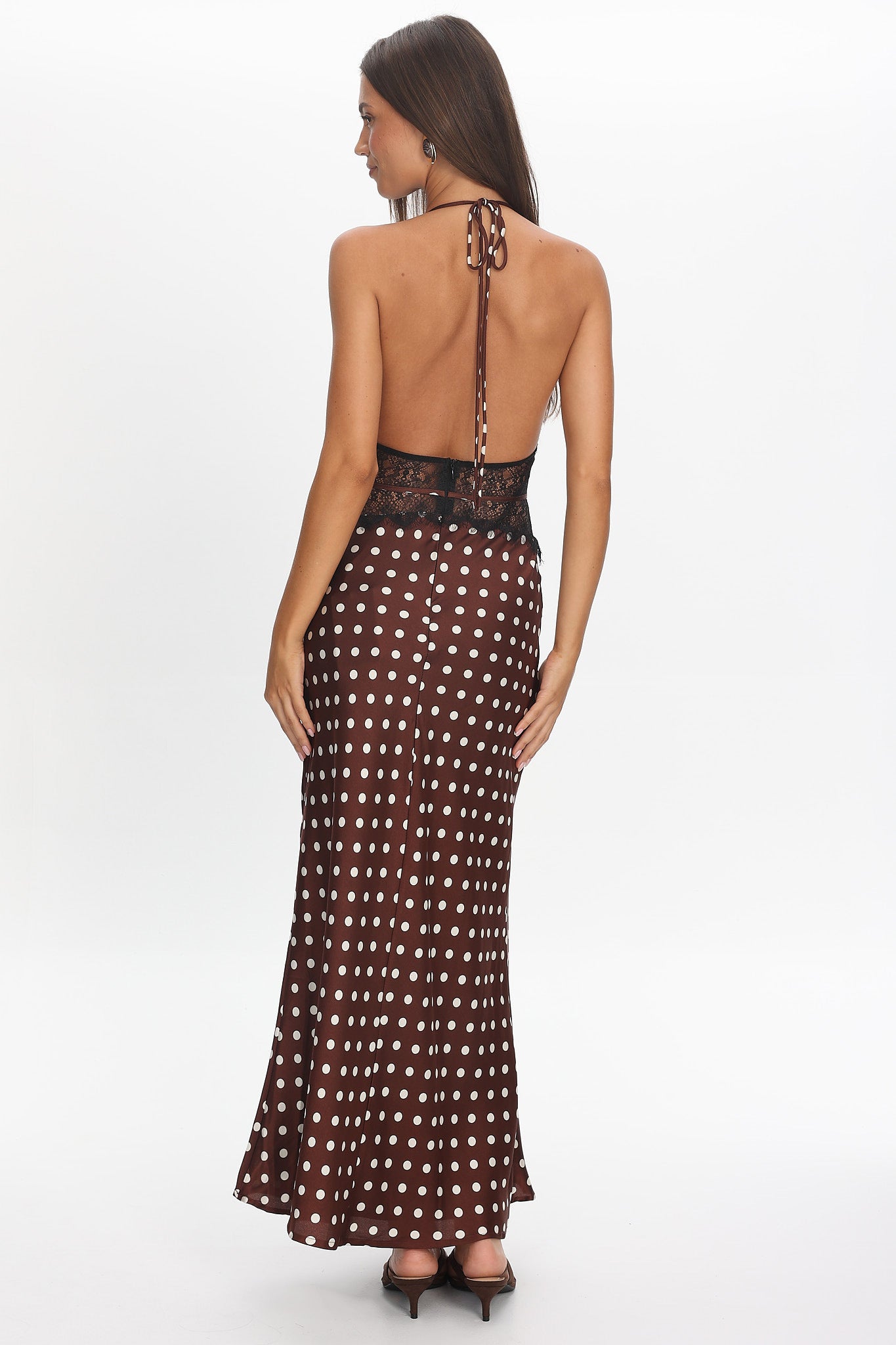 Tarly Lace Waist Halter Maxi Dress Polka Dot Chocolate - XS Tarly Lace Waist Halter Maxi Dress Polka Dot Chocolate - XS