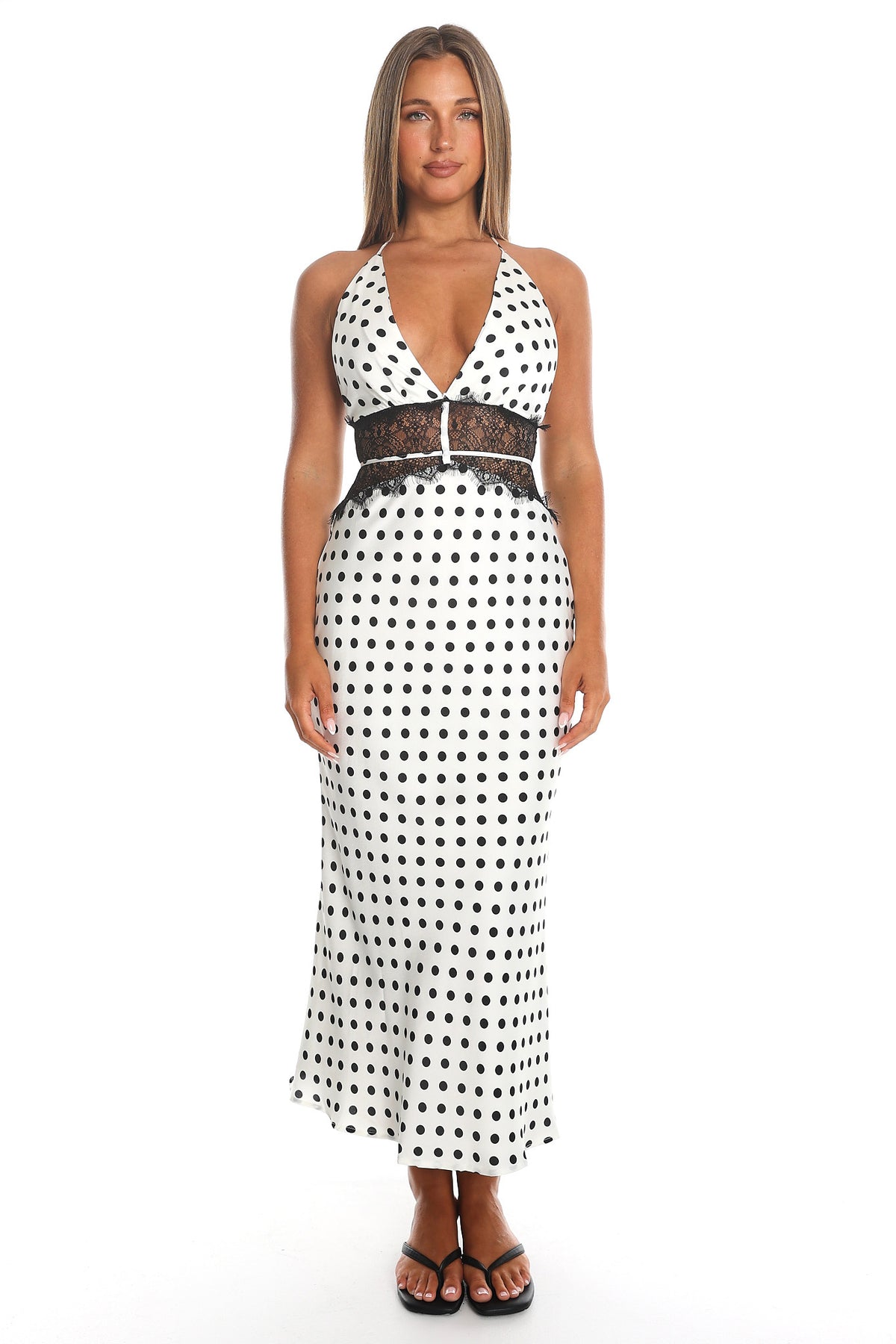 Tarly Lace Waist Halter Maxi Dress Polka Dot White by Selfie Leslie