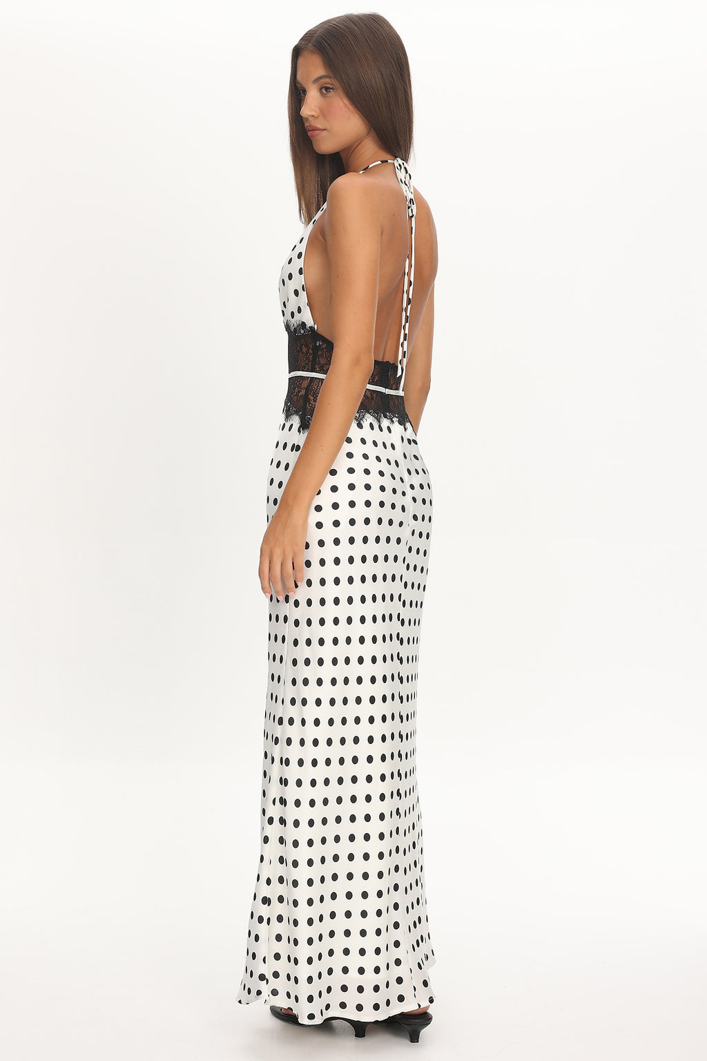Tarly Lace Waist Halter Maxi Dress Polka Dot White