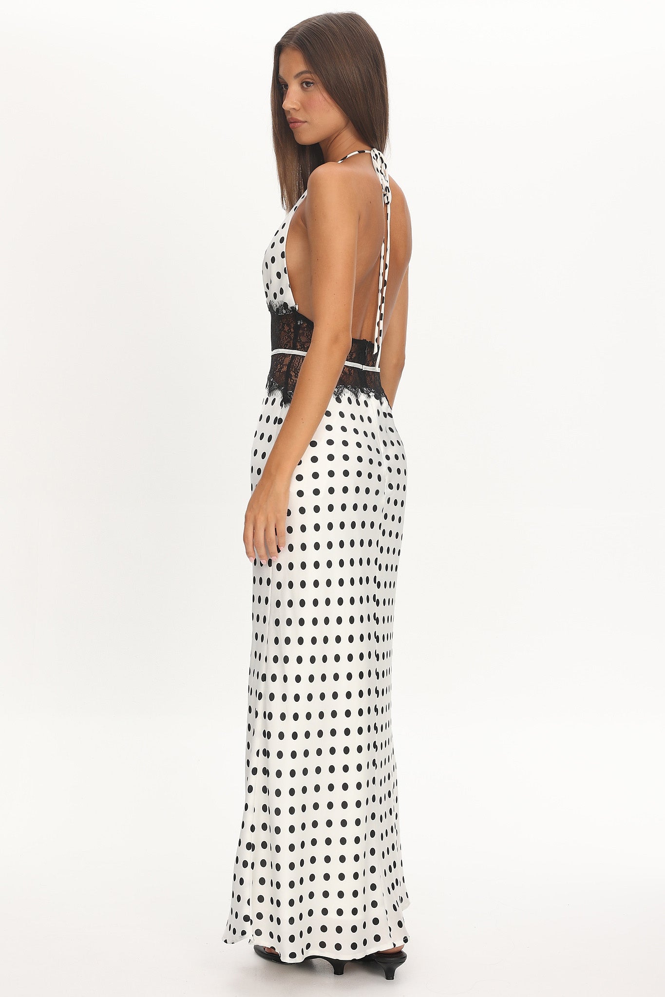 Tarly Lace Waist Halter Maxi Dress Polka Dot White