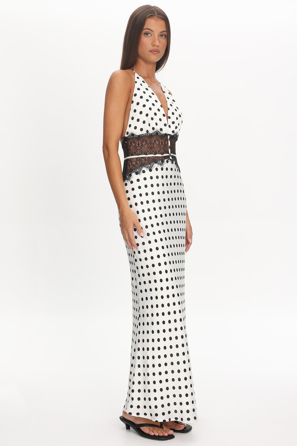 Tarly Lace Waist Halter Maxi Dress Polka Dot White