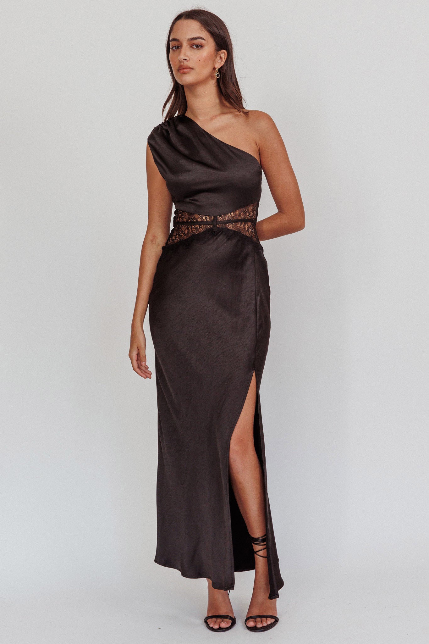 Tarly Lace Waist One-Shoulder Maxi Dress Black by Selfie Leslie