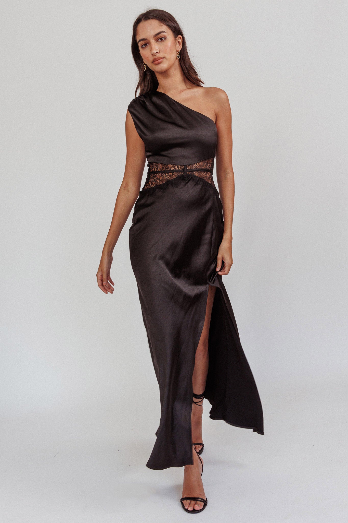 Tarly Lace Waist One-Shoulder Maxi Dress Black Tarly Lace Waist One-Shoulder Maxi Dress Black
