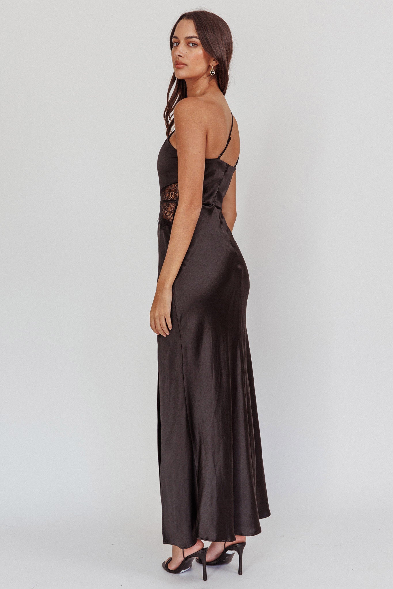 one shoulder black satin dress Tarly Lace Waist One-Shoulder Maxi Dress Black– Selfie Leslie