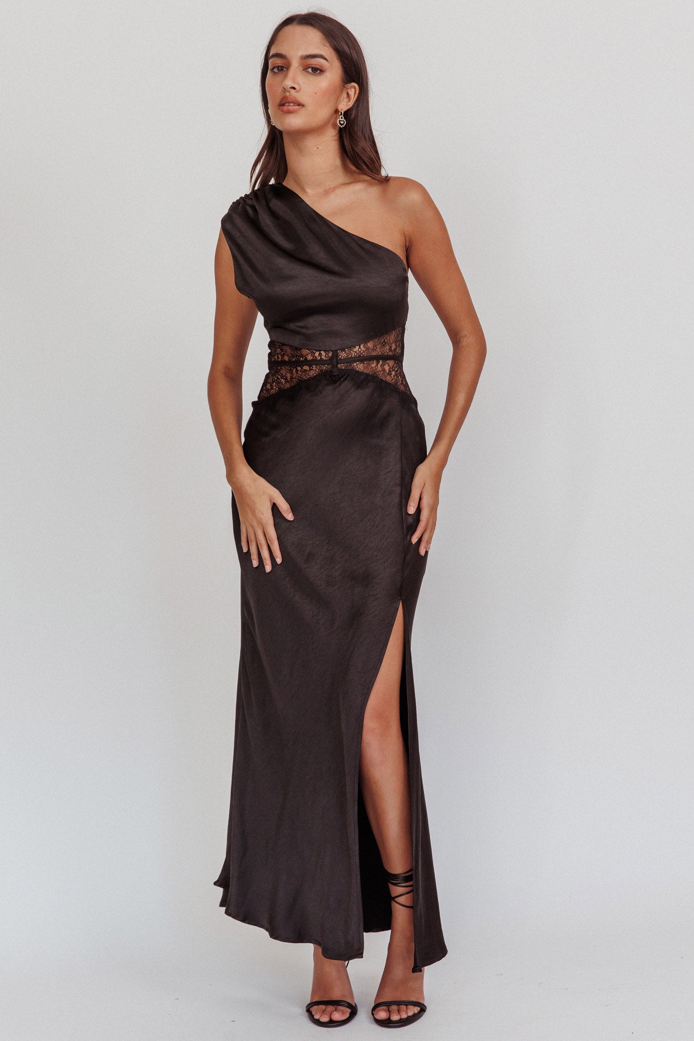 Tarly Lace Waist One-Shoulder Maxi Dress Black by Selfie Leslie