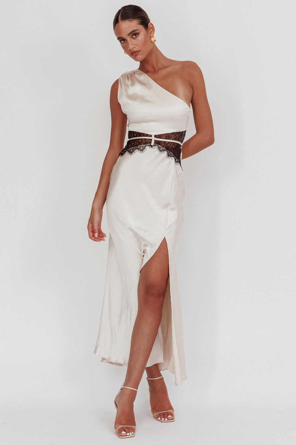 Tarly Lace Waist One-Shoulder Maxi Dress Champagne by Selfie Leslie