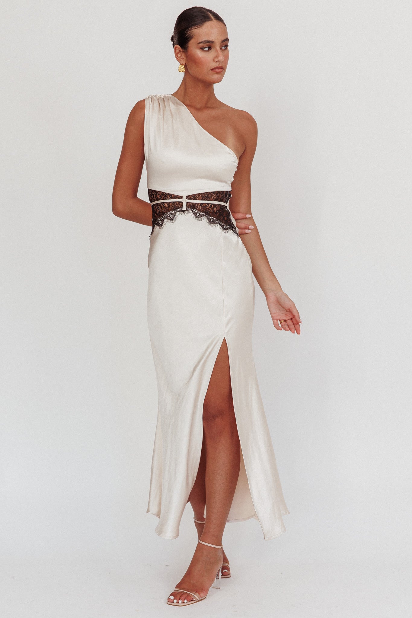 Tarly Lace Waist One-Shoulder Maxi Dress Champagne by Selfie Leslie