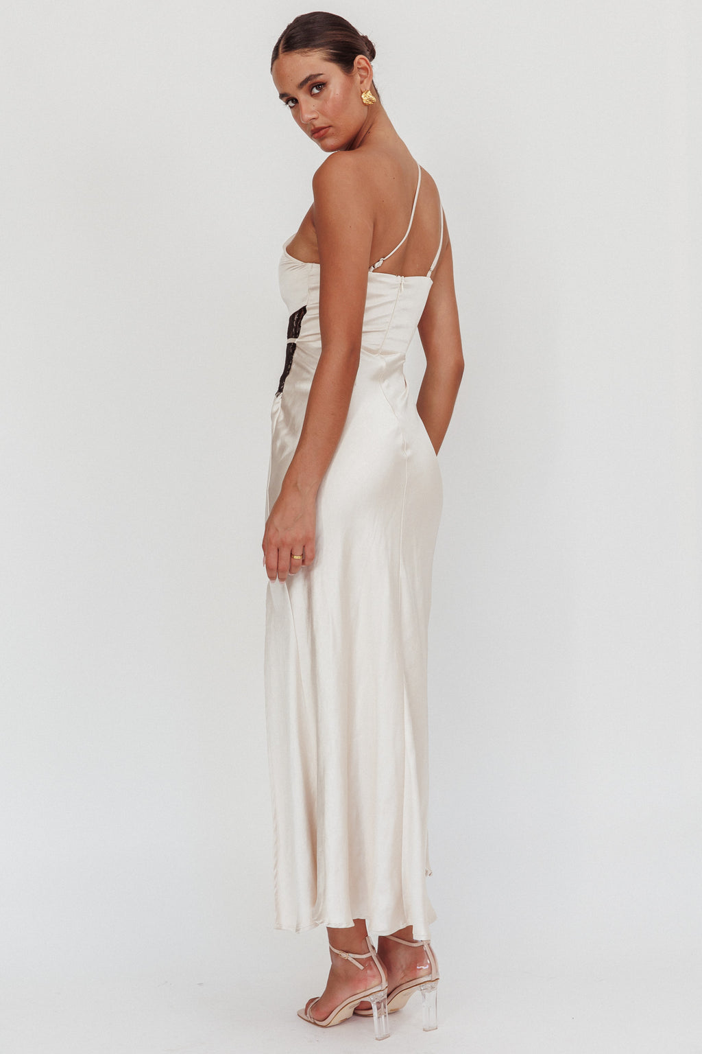 Tarly Lace Waist One-Shoulder Maxi Dress Champagne by Selfie Leslie