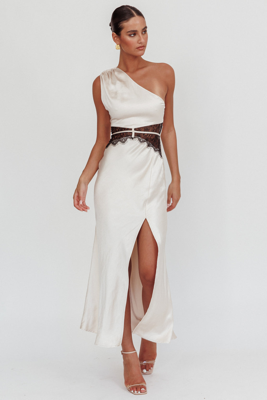 Tarly Lace Waist One-Shoulder Maxi Dress Champagne by Selfie Leslie