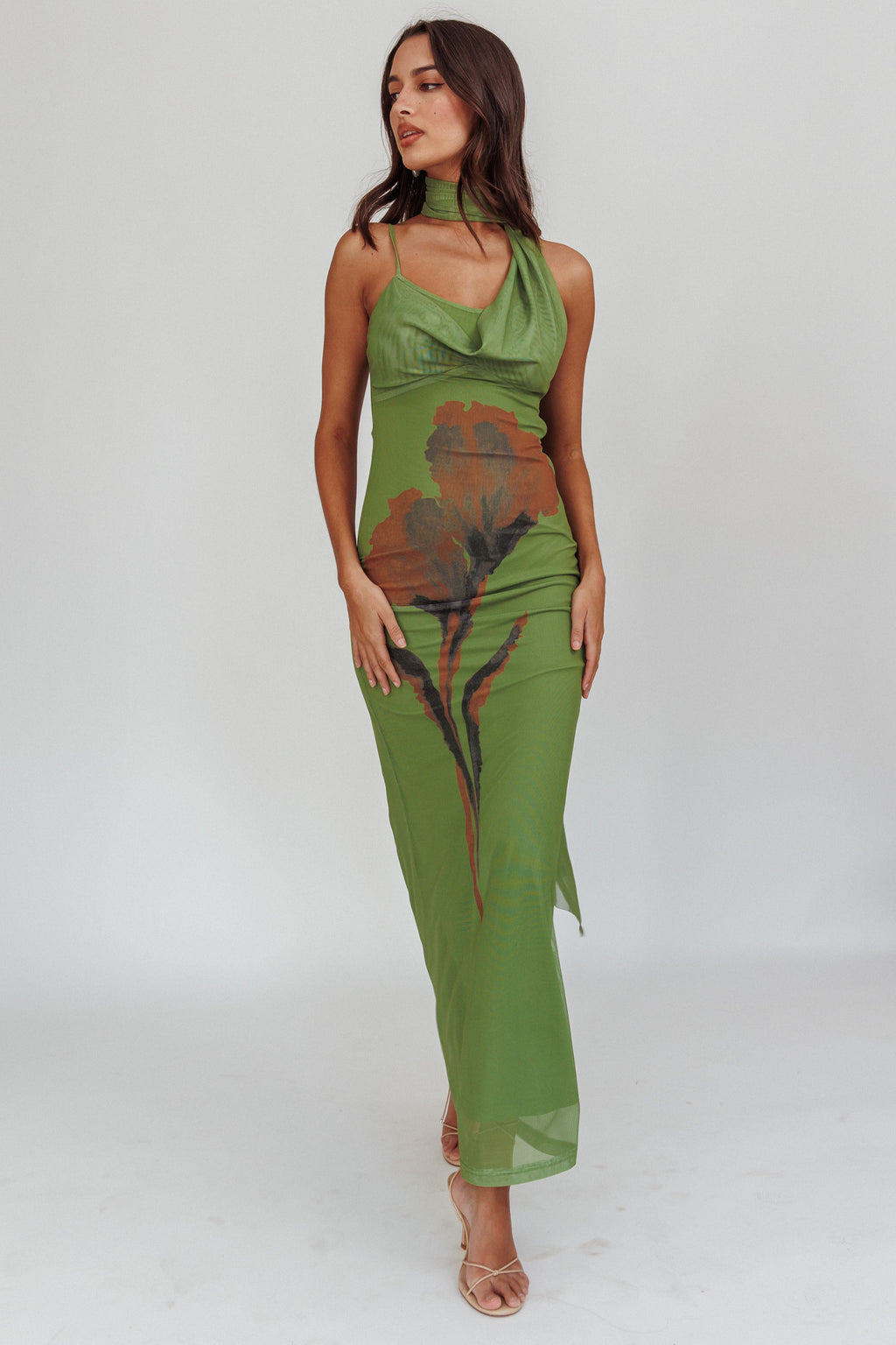 No Surprises Scarfed Floral Maxi Dress Green by Selfie Leslie