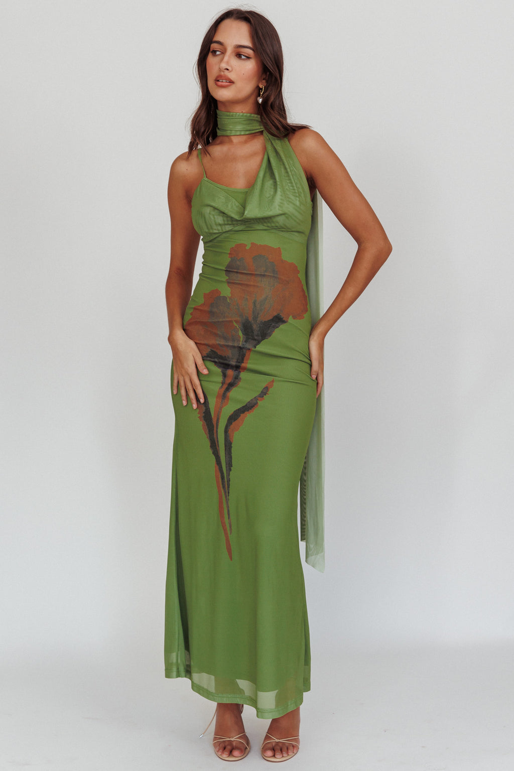 No Surprises Scarfed Floral Maxi Dress Green - S No Surprises Scarfed Floral Maxi Dress Green - S