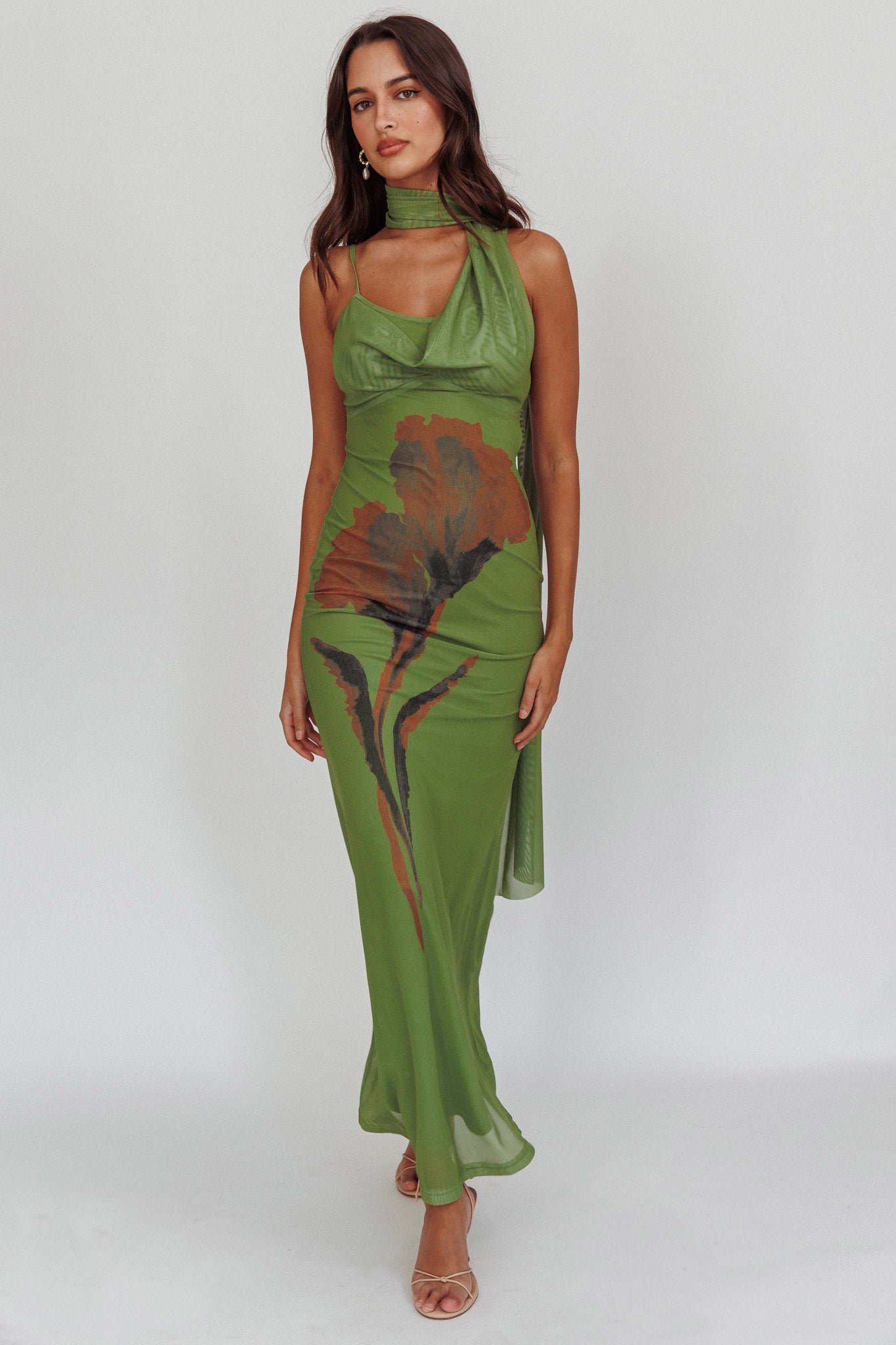 No Surprises Scarfed Floral Maxi Dress Green by Selfie Leslie