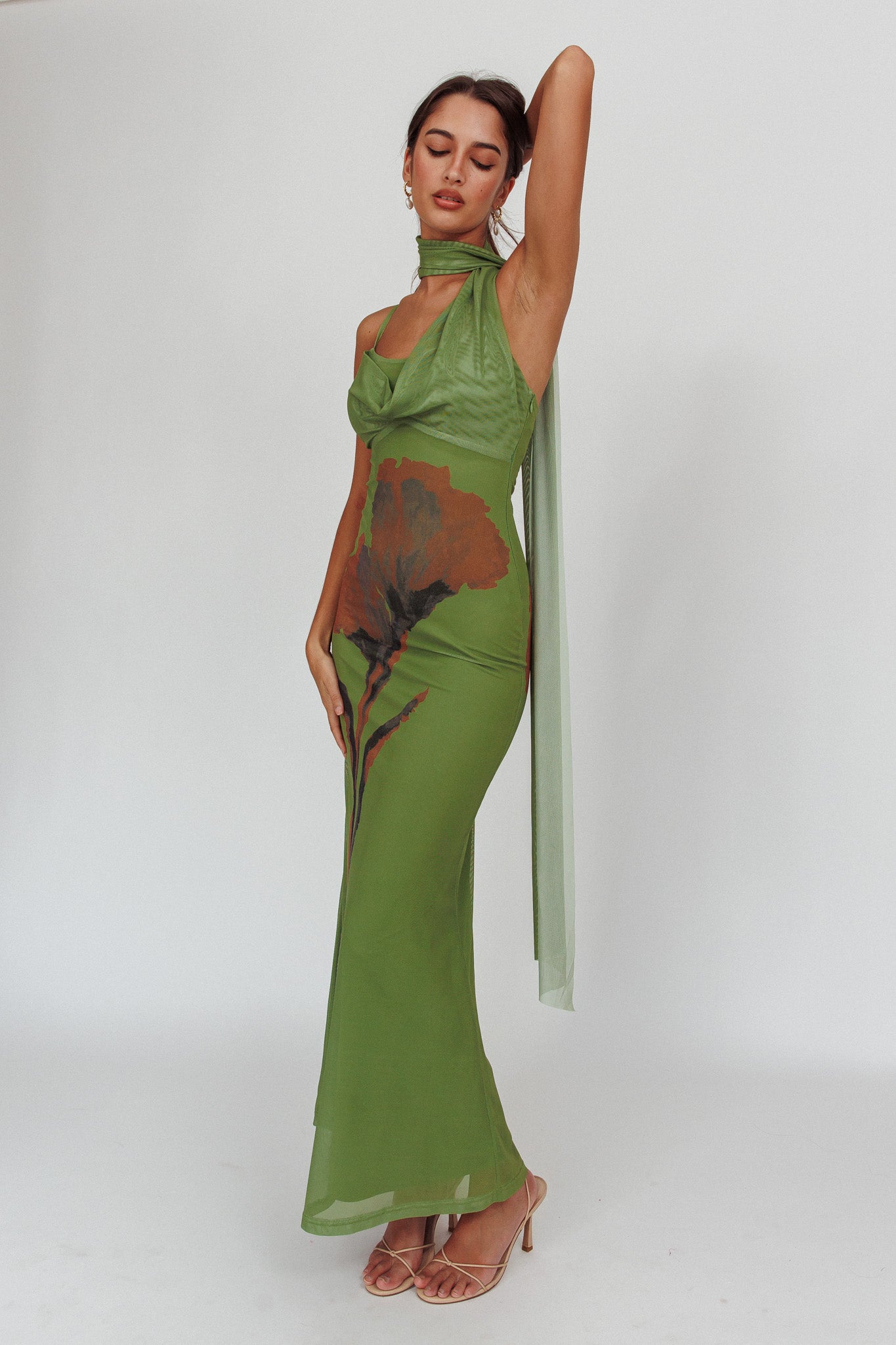 No Surprises Scarfed Floral Maxi Dress Green - S No Surprises Scarfed Floral Maxi Dress Green - S