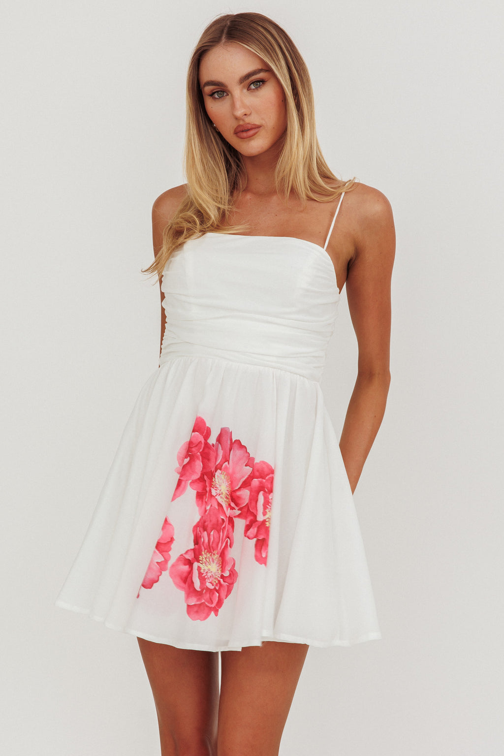 Festivity Flared Bow Floral Mini Dress White by Selfie Leslie