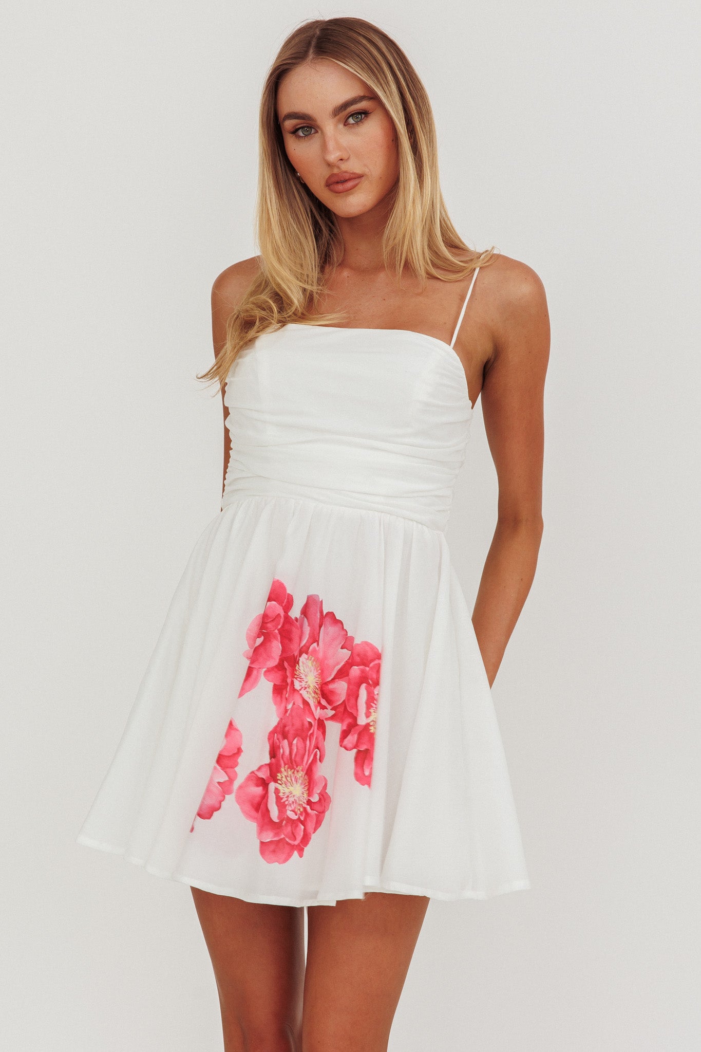 Festivity Flared Bow Floral Mini Dress White by Selfie Leslie