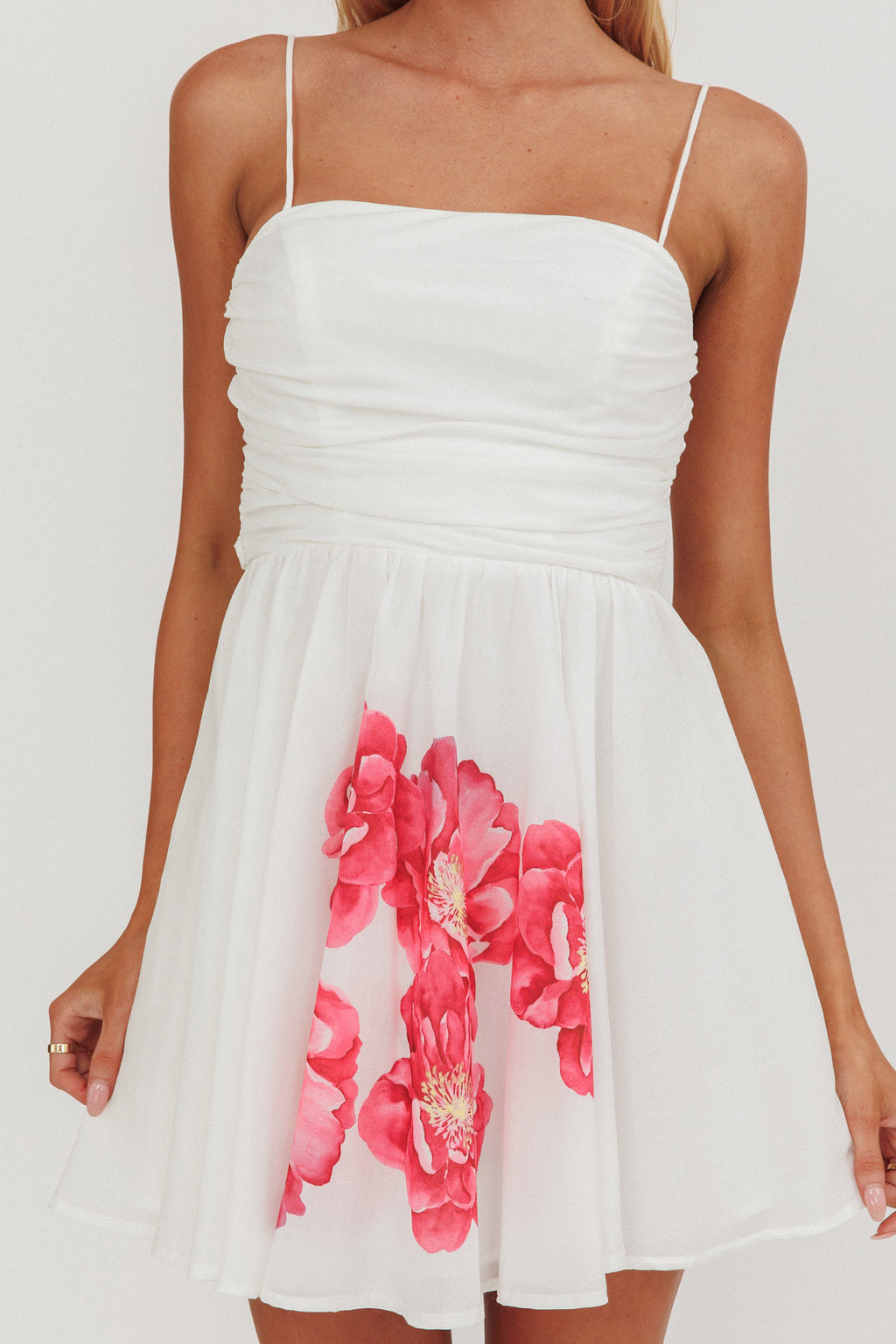 Festivity Flared Bow Floral Mini Dress White by Selfie Leslie