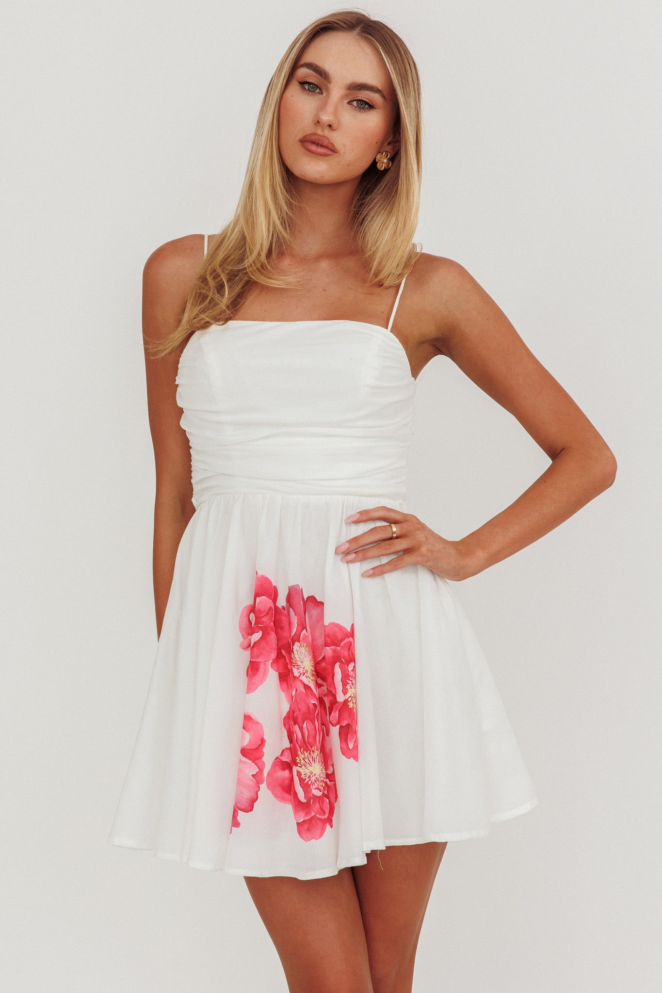 Festivity Flared Bow Floral Mini Dress White by Selfie Leslie