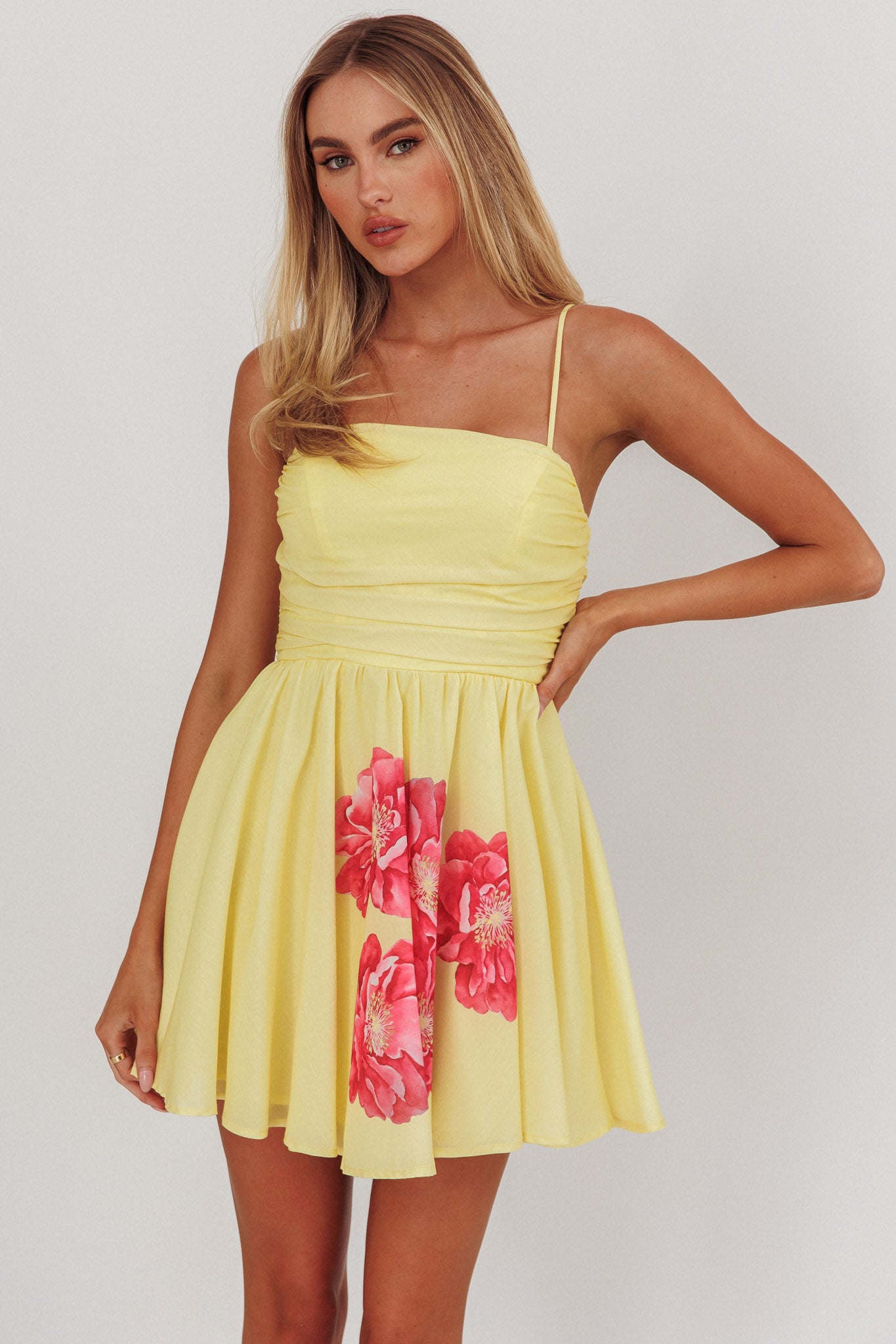 Festivity Flared Bow Floral Mini Dress Yellow by Selfie Leslie