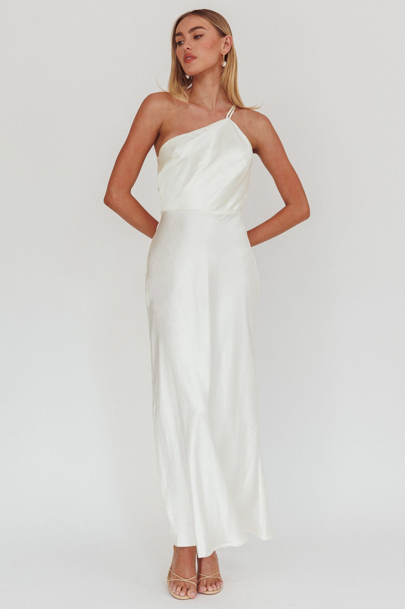 aubrianna midi dress Aubrianna One-Shoulder Strappy Back Dress White