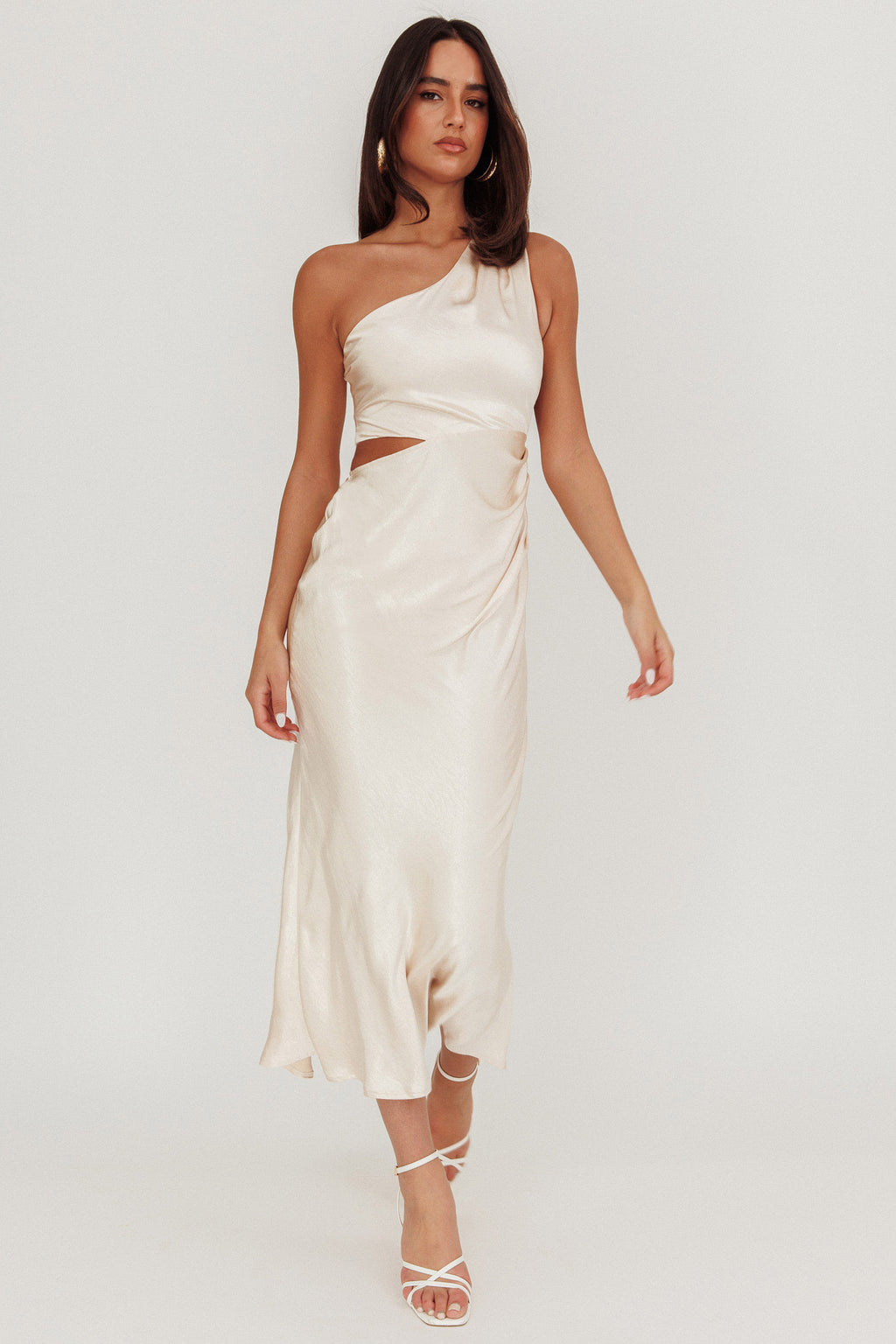 Always Golden One-Shoulder Midi Dress Champagne by Selfie Leslie