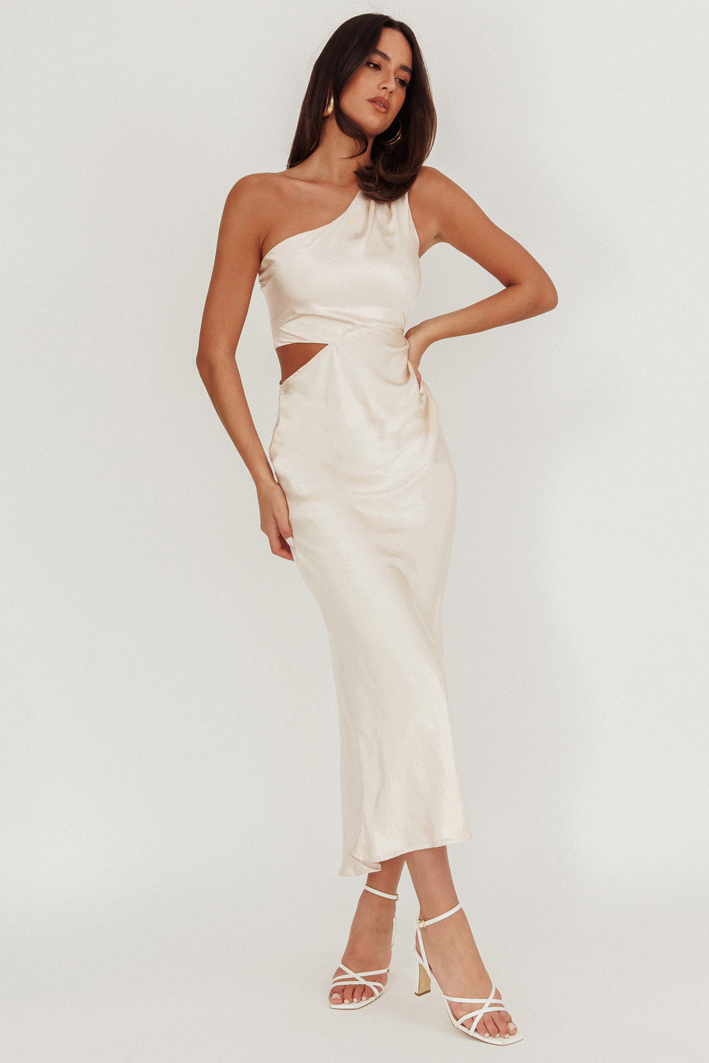 Always Golden One-Shoulder Midi Dress Champagne by Selfie Leslie