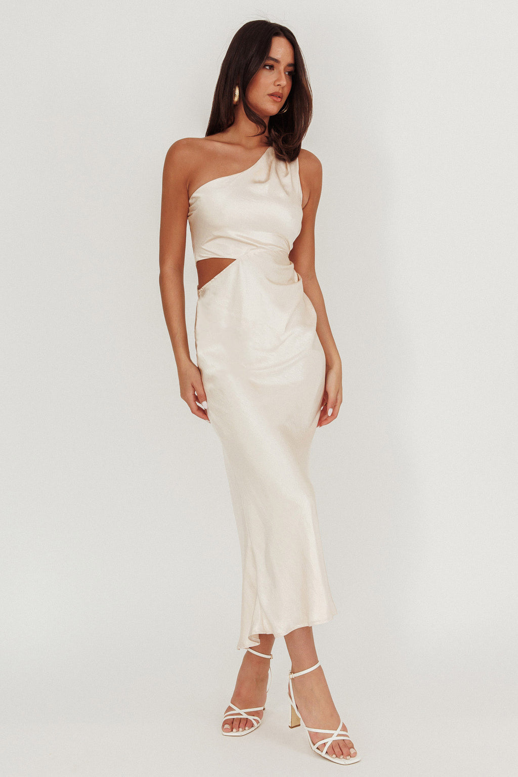 Always Golden One-Shoulder Midi Dress Champagne by Selfie Leslie