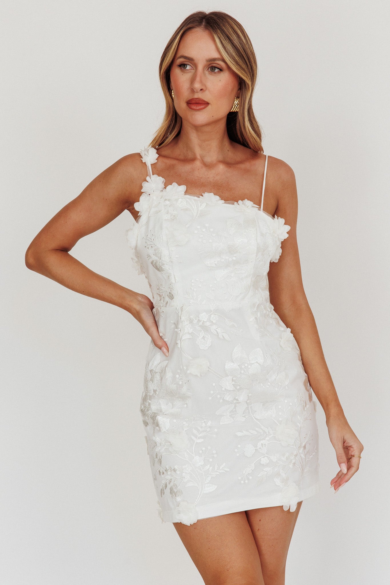 Saskia Floral Embroidery Mini Dress White by Selfie Leslie