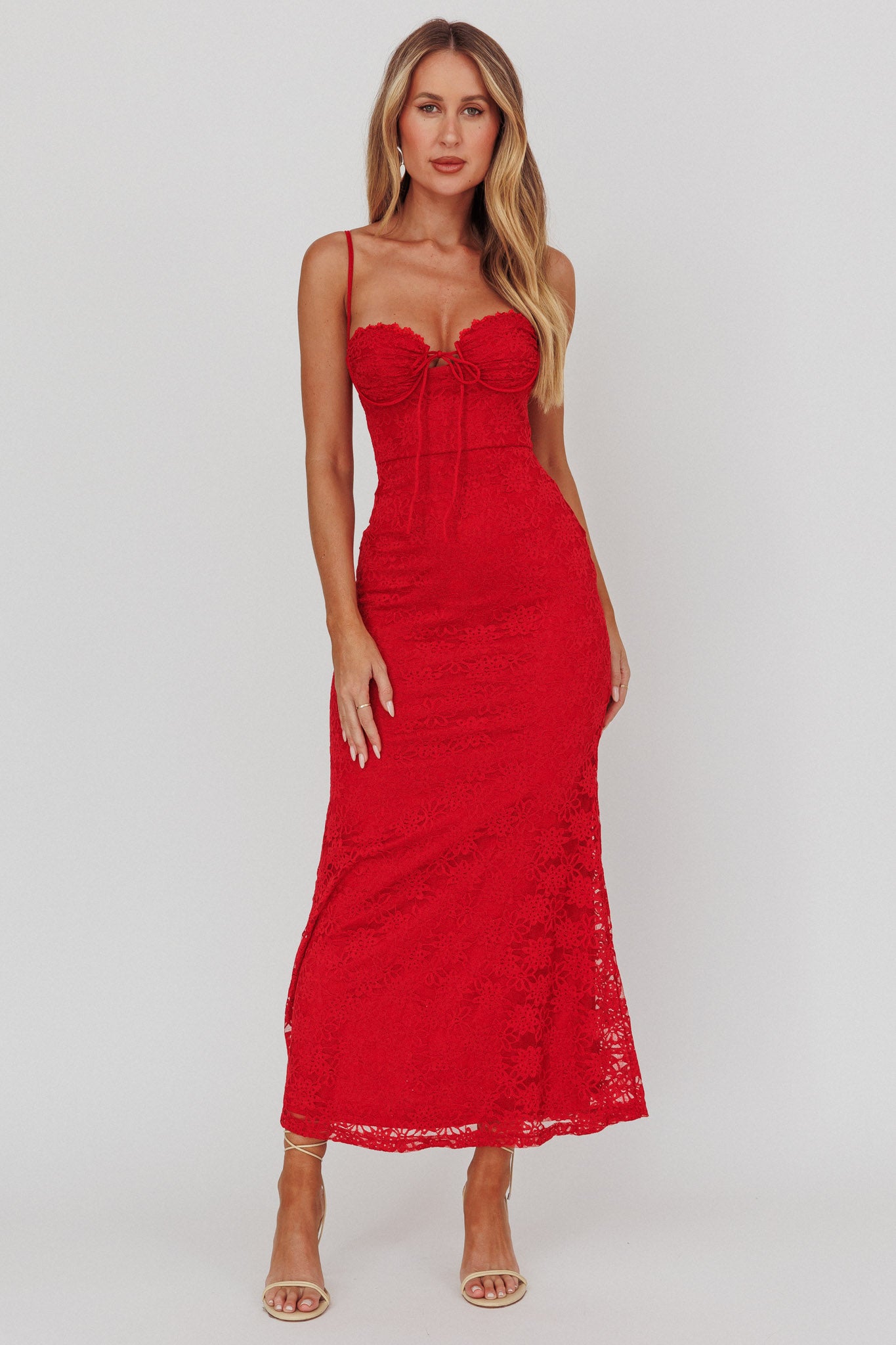 Passione Tied Bust Lace Maxi Dress Cherry by Selfie Leslie
