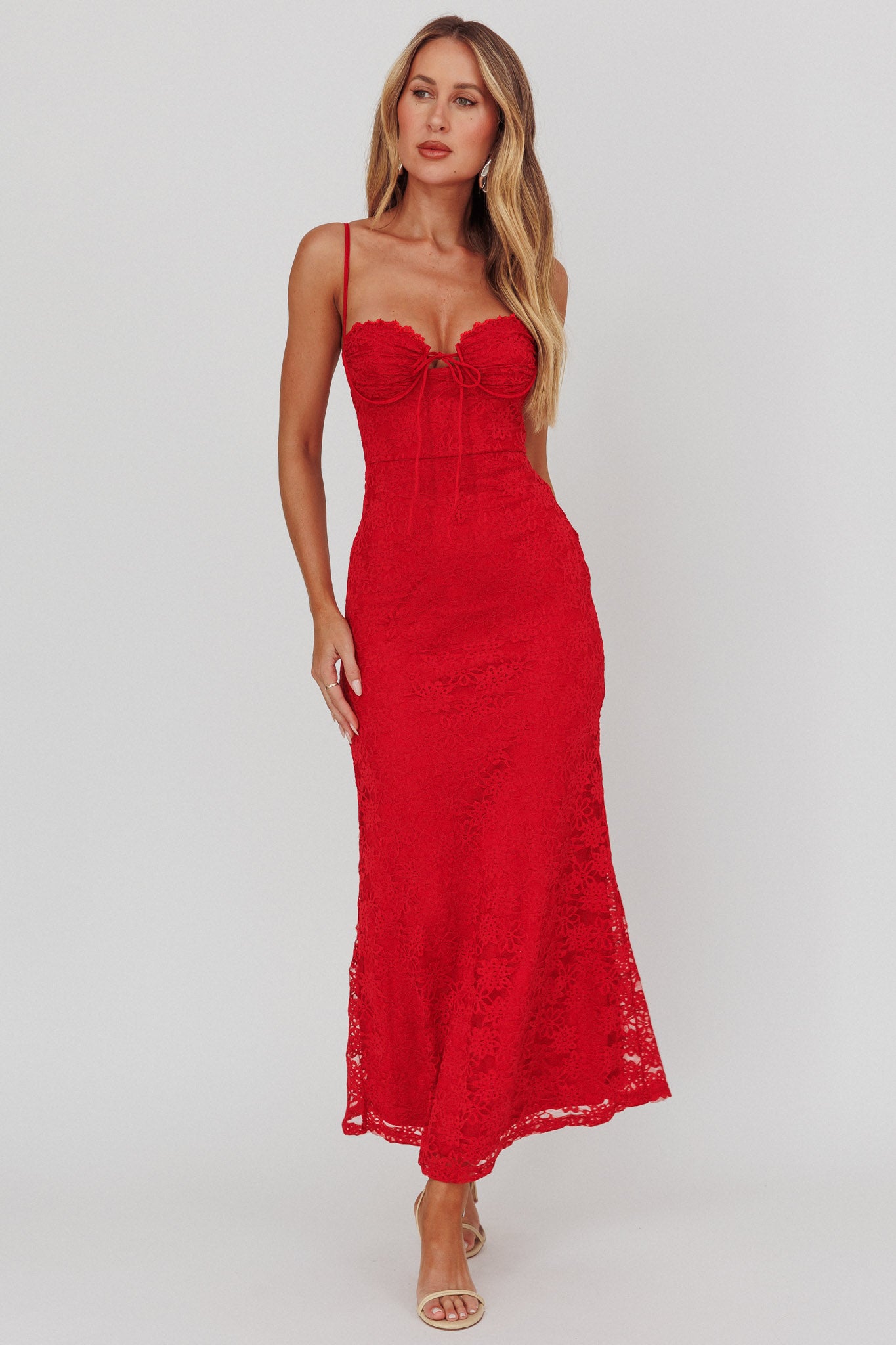 Passione Tied Bust Lace Maxi Dress Cherry by Selfie Leslie