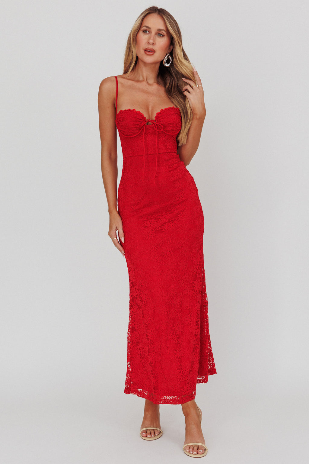 Passione Tied Bust Lace Maxi Dress Cherry by Selfie Leslie