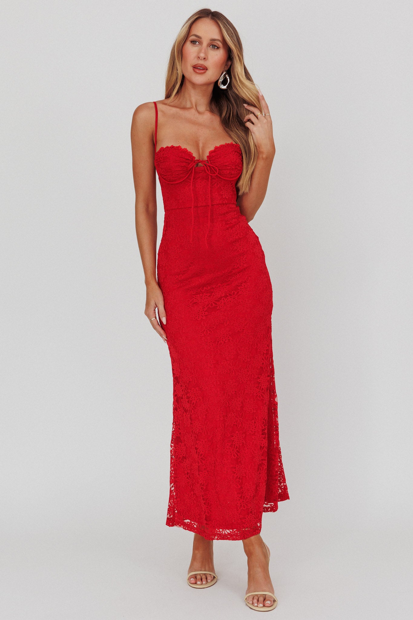 Passione Tied Bust Lace Maxi Dress Cherry by Selfie Leslie