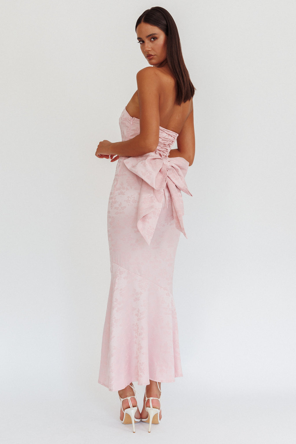 pink bow maxi dress Angelique Strapless Bow-Detail Maxi Dress in Black