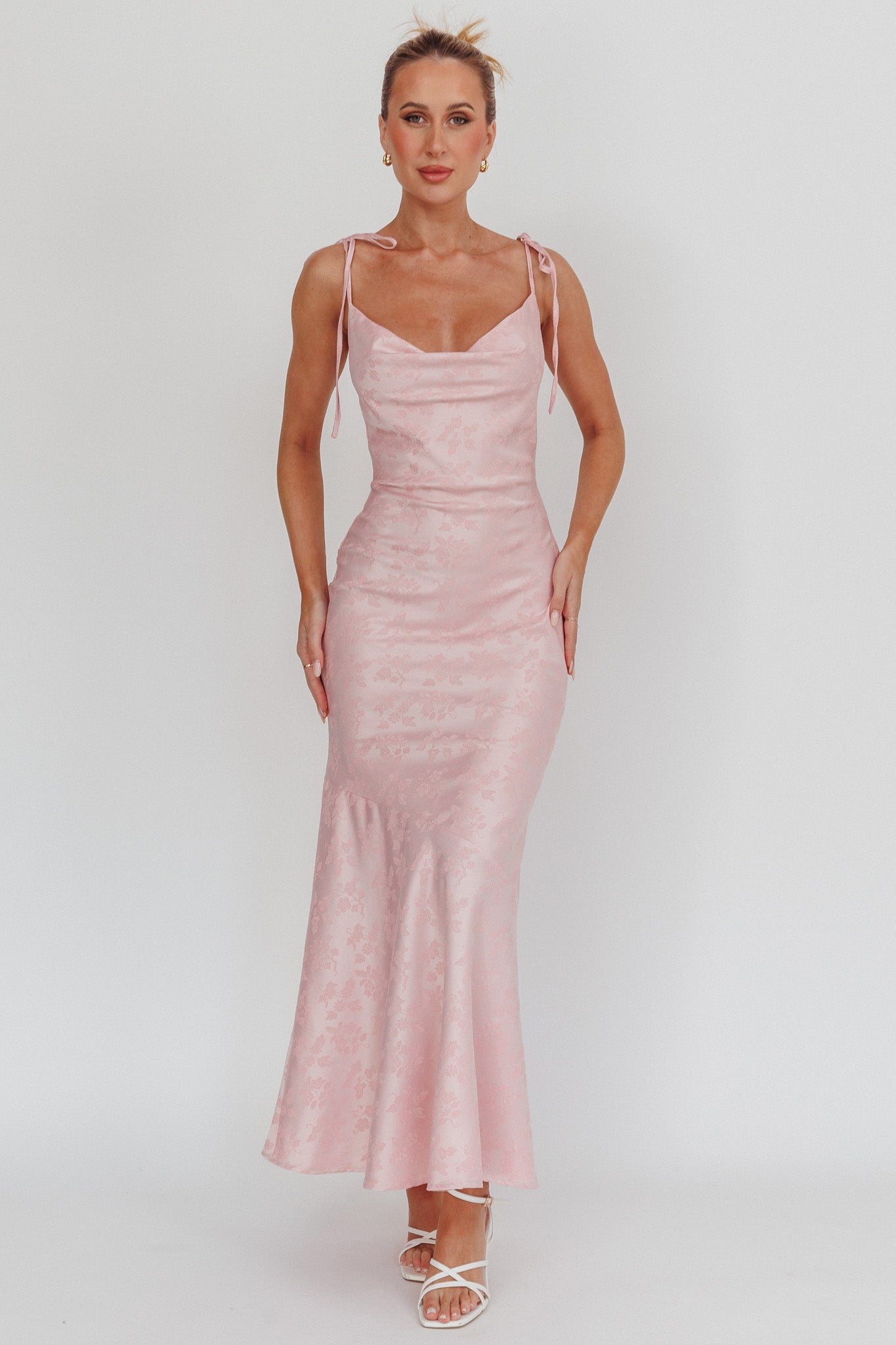 Belonging Cowl Neck Tied Shoulders Maxi Dress Blush by Selfie Leslie