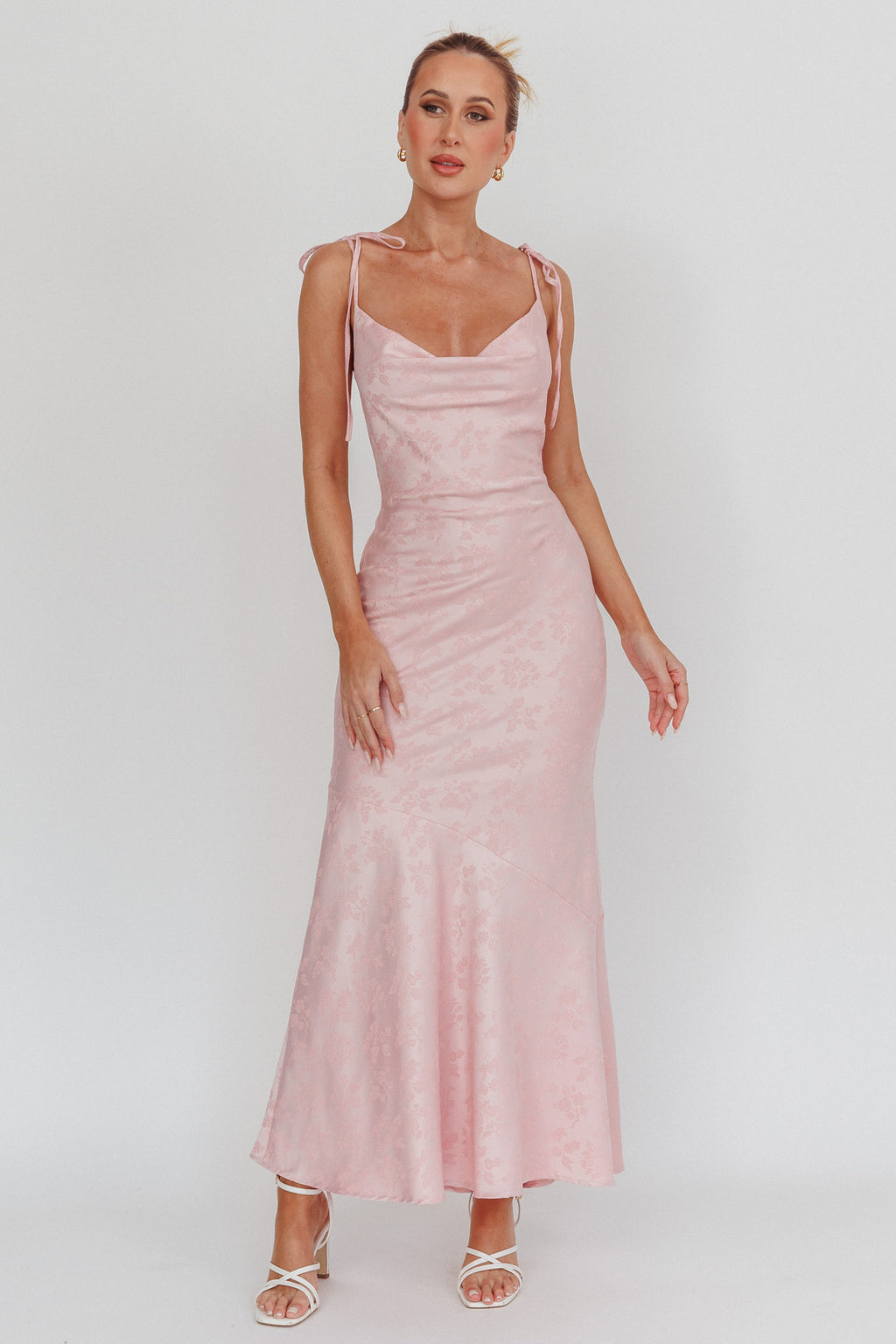 Belonging Cowl Neck Tied Shoulders Maxi Dress Blush by Selfie Leslie