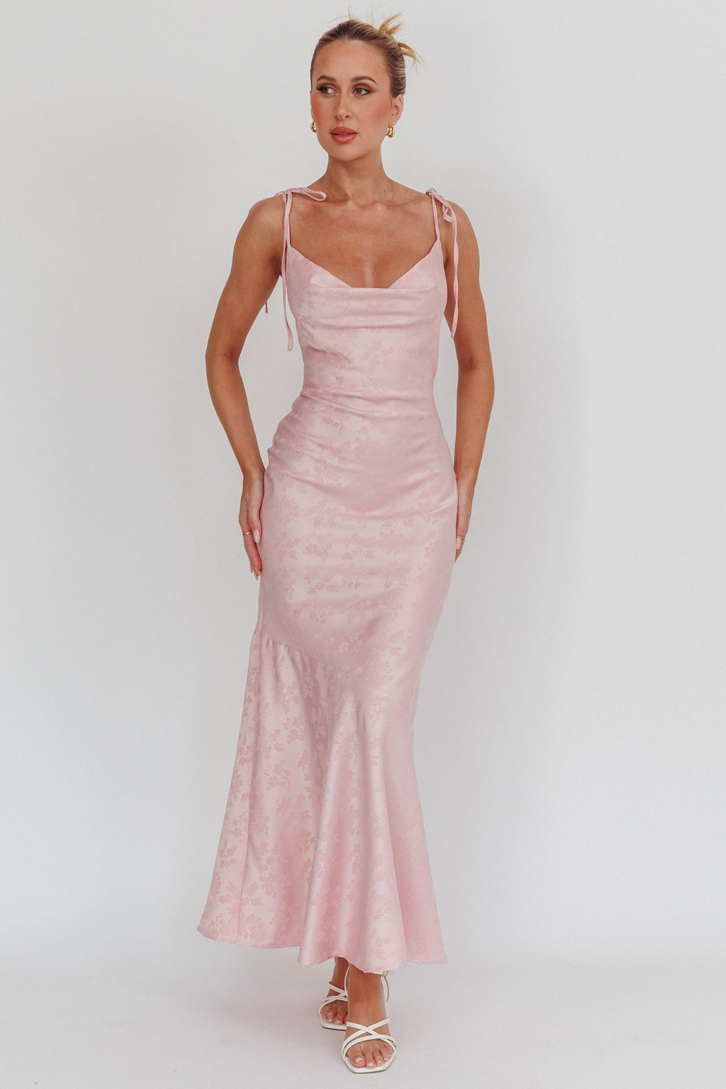 Belonging Cowl Neck Tied Shoulders Maxi Dress Blush by Selfie Leslie