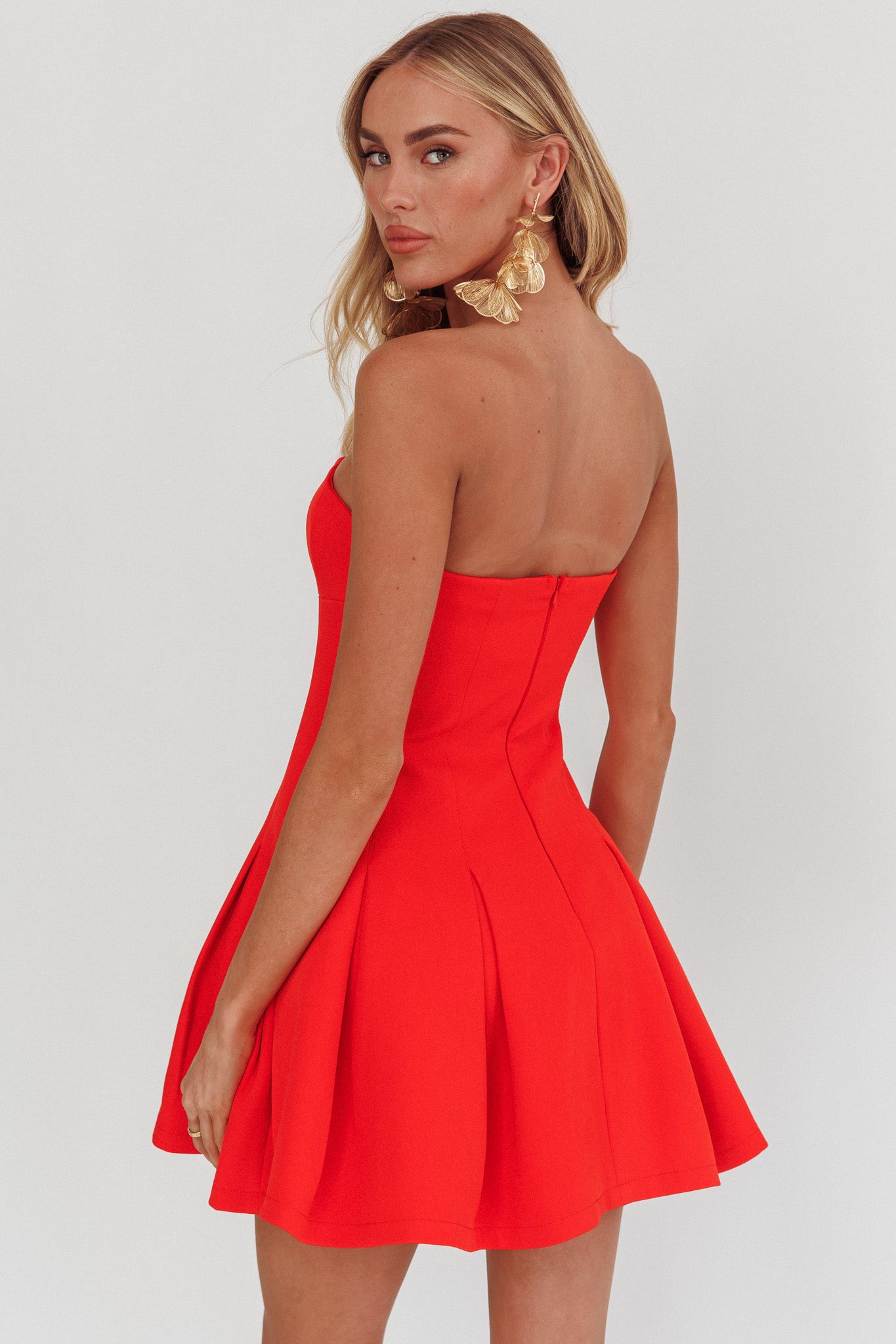 Melodic Strapless Pleat Mini Dress Red by Selfie Leslie