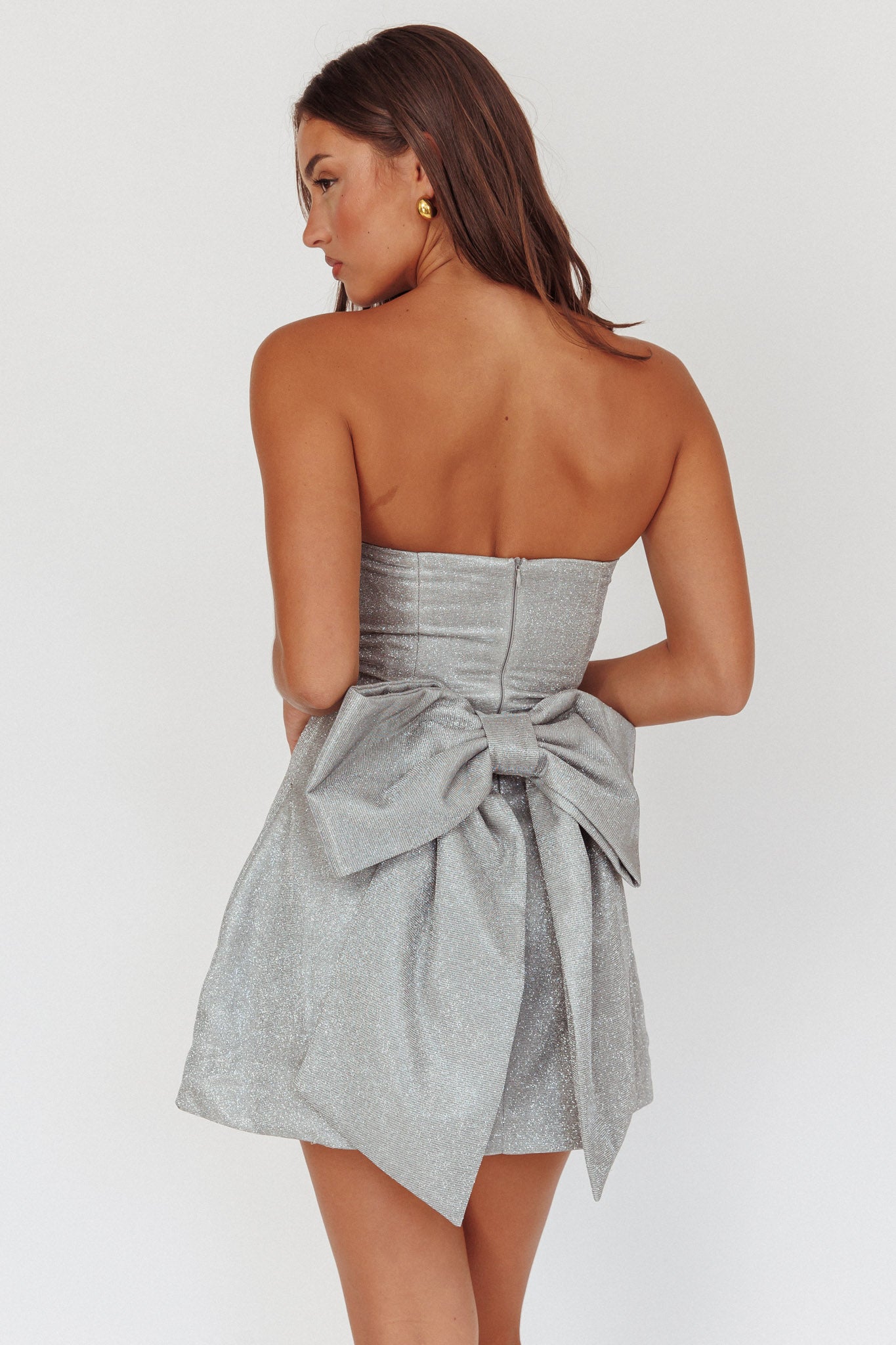 silver strapless mini dress Mirrored Structured 0 / 100% Polyester Strapless Short Beaded Silver Prom